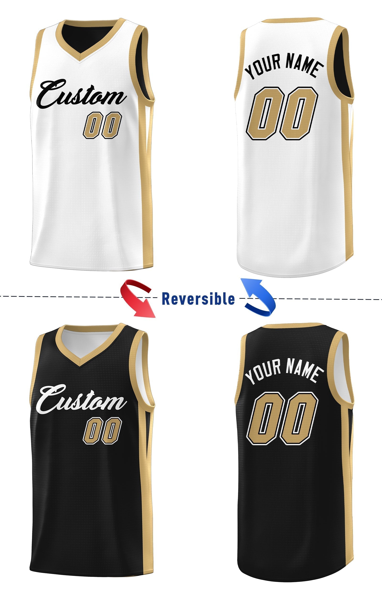 Benutzerdefinierte schwarz weiß-khaki doppelseitige Tops Athletic Basketball Jersey