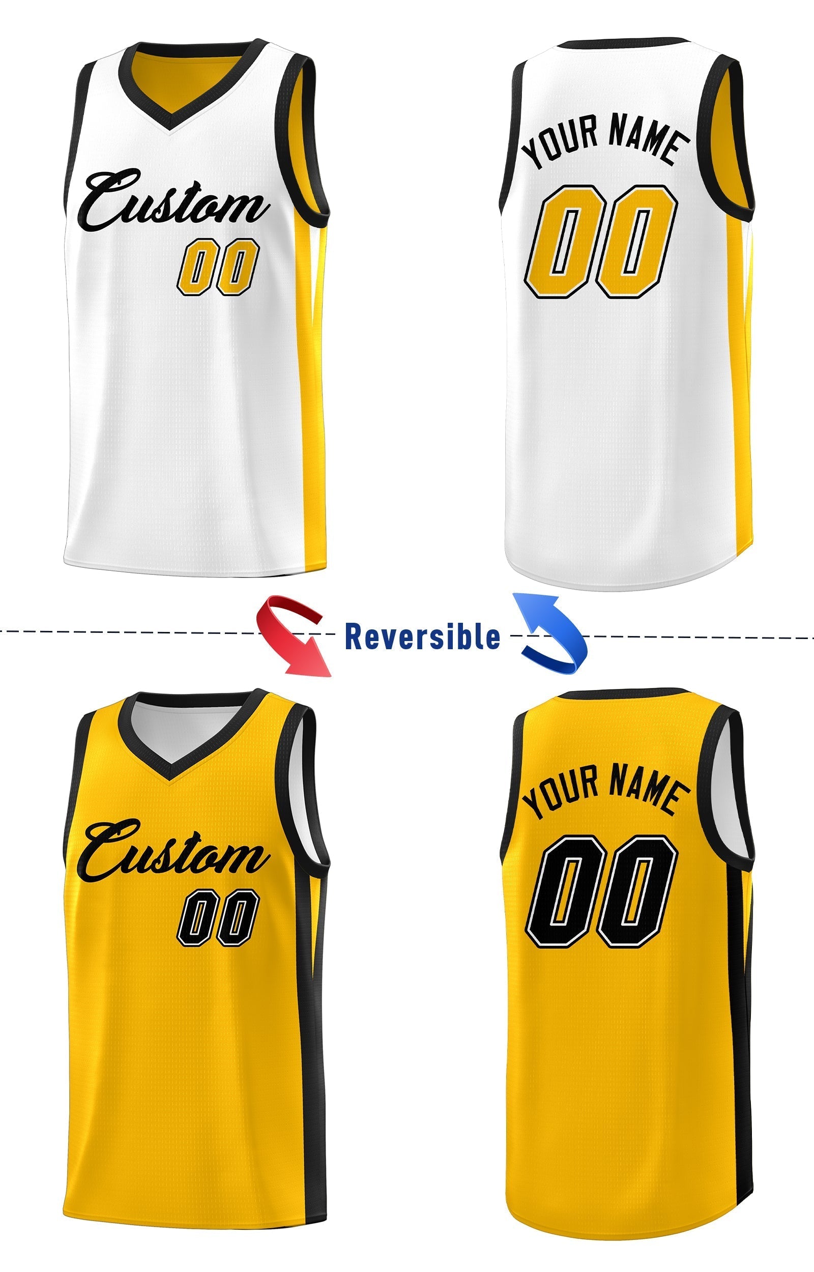 Benutzerdefinierte gelb weiß doppelseitig Tops Athletic Basketball Jersey