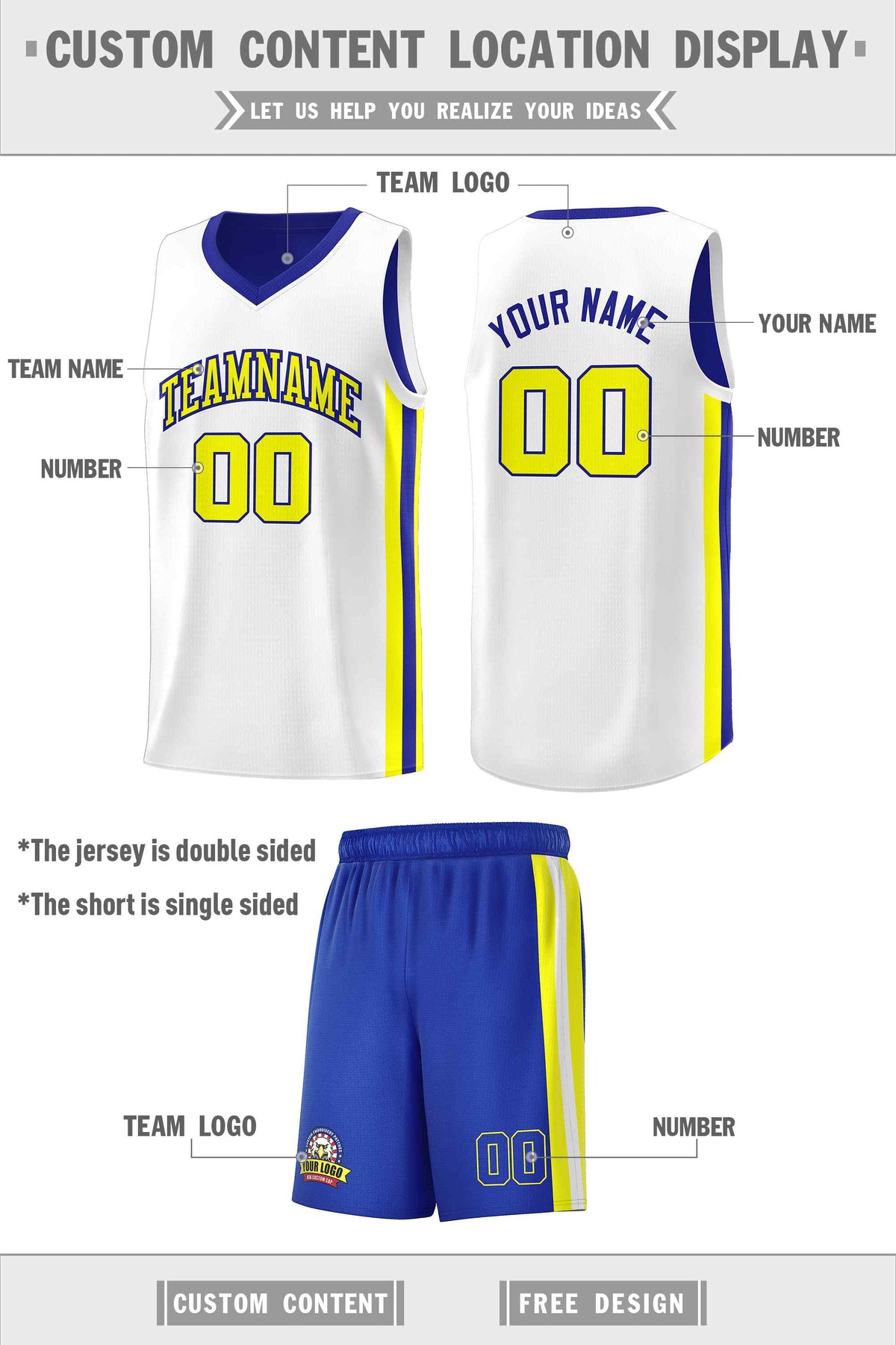 Custom Royal White-Yellow Double Side Sets Men Basketball Jersey