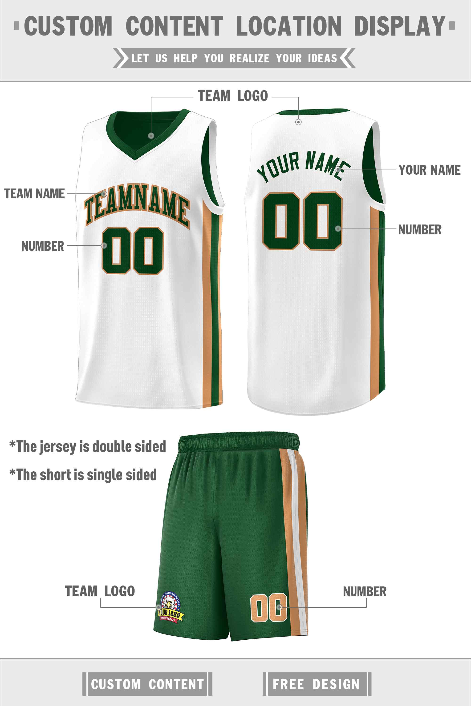 Benutzerdefinierte Grün Weiß-Alt Gold Doppel Seite kits Männer Basketball Jersey