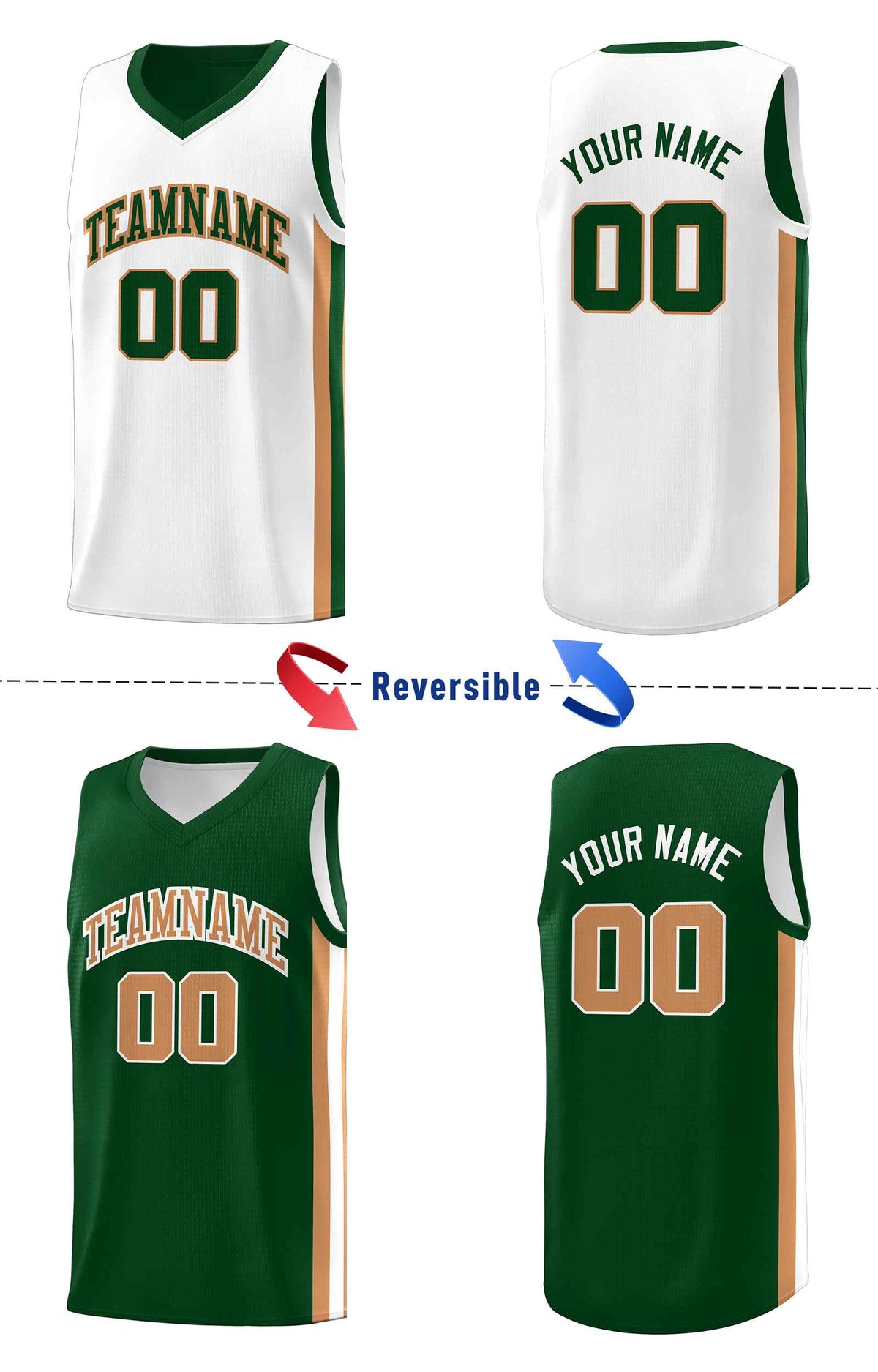 Custom Green White-Old Gold Double Side kits Men Basketball Jersey
