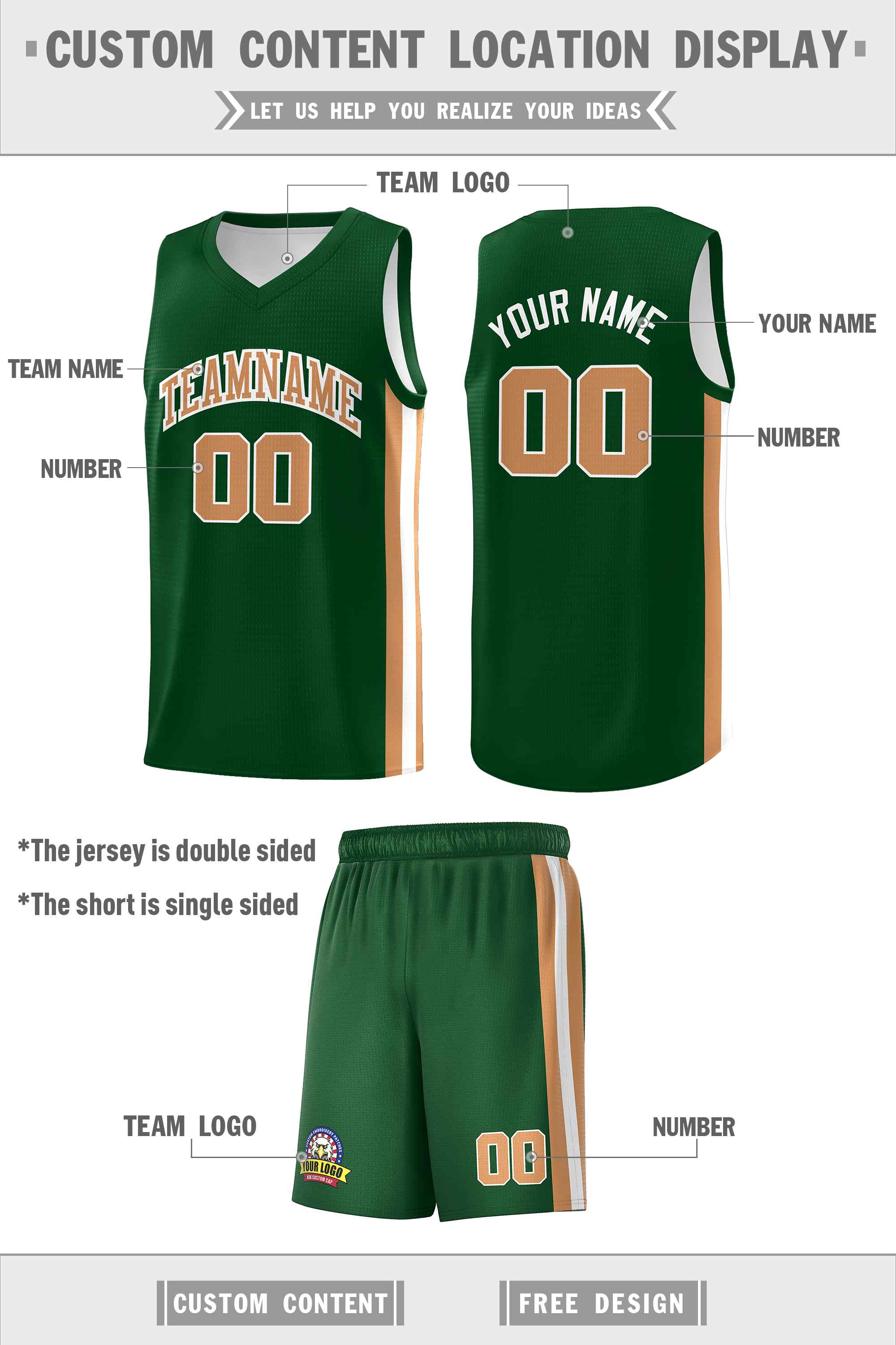 Benutzerdefinierte Grün Weiß-Alt Gold Doppel Seite kits Männer Basketball Jersey