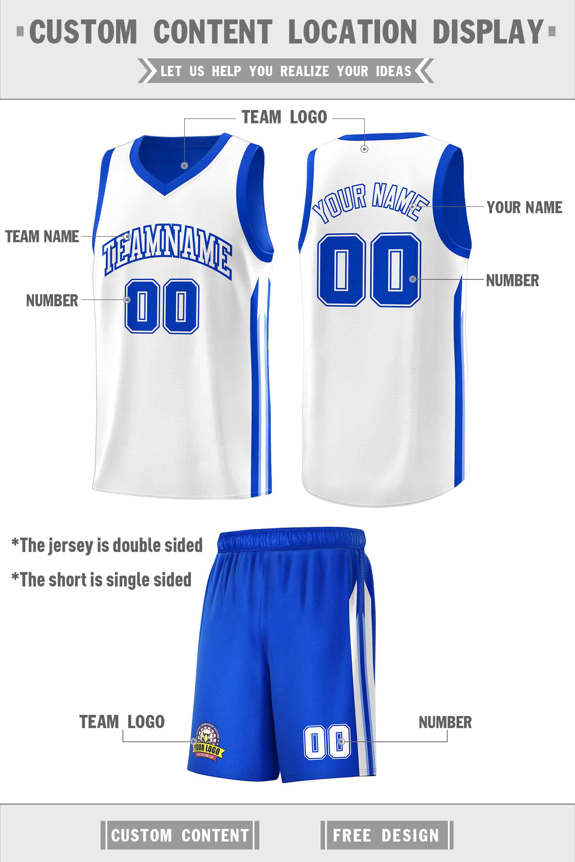 Maillot de basket-ball personnalisé Royal White Double SideKits pour homme