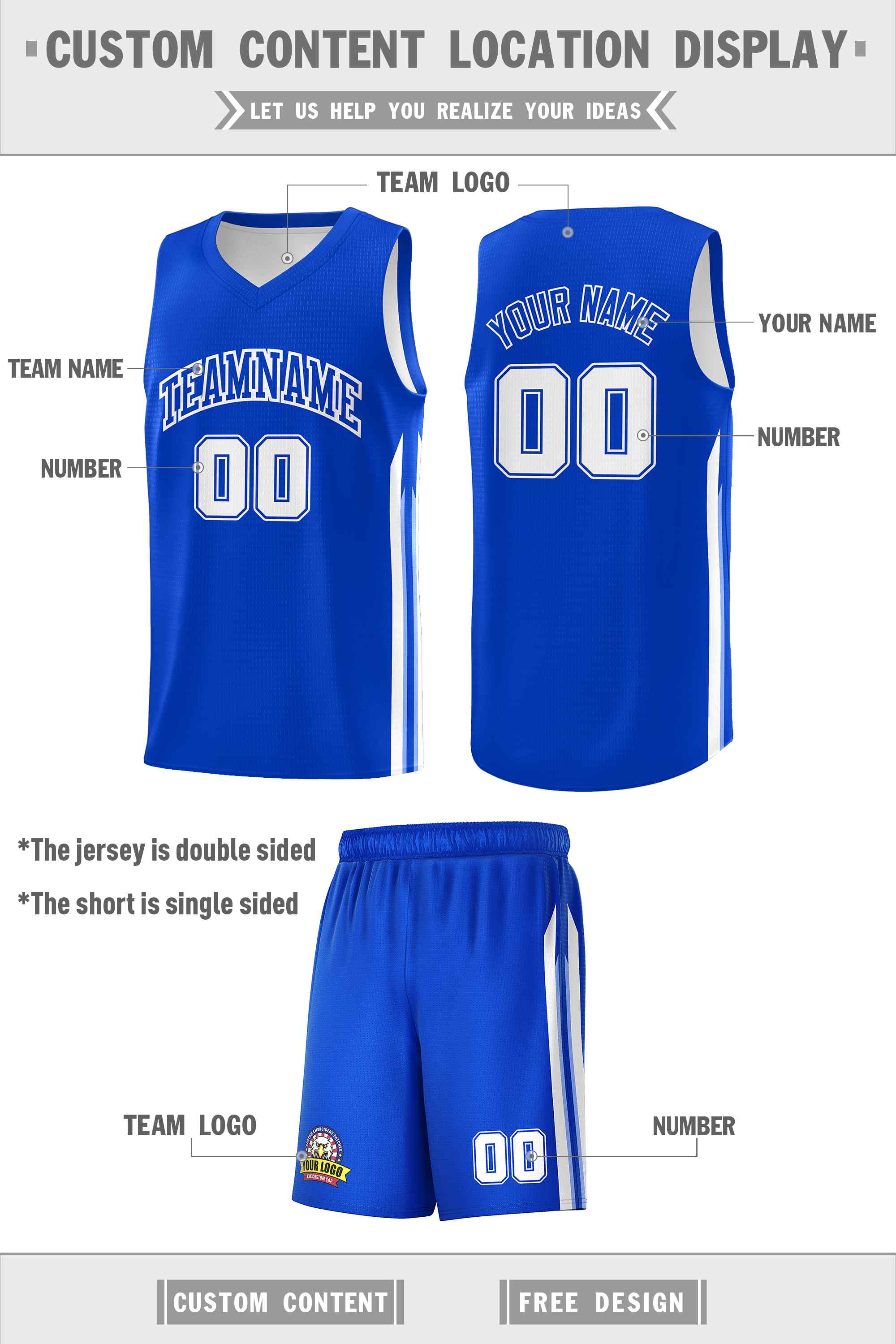 Maillot de basket-ball personnalisé Royal White Double SideKits pour homme