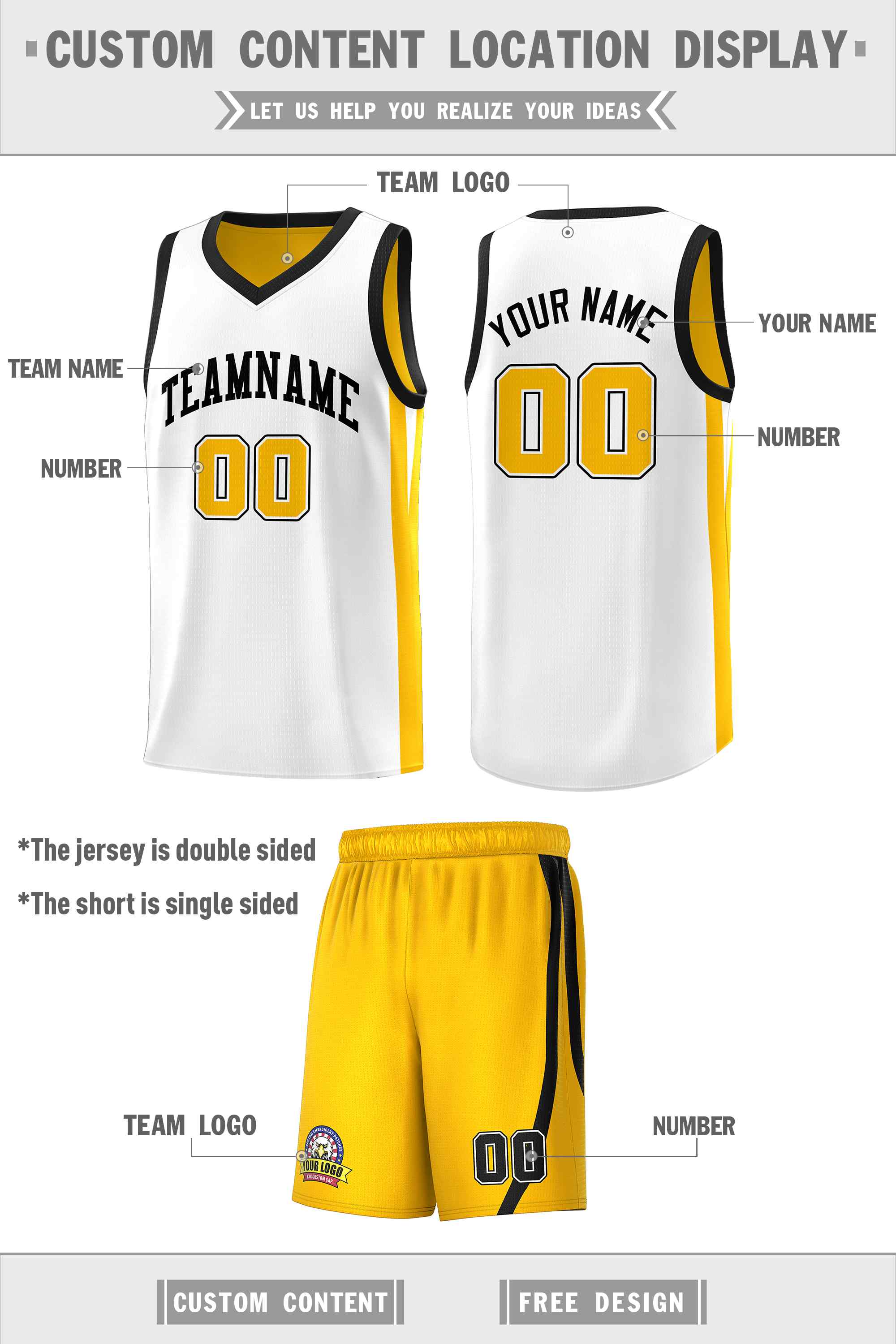 Benutzerdefinierte weiß gelb Doppelseiten-Sets Männer Basketball Jersey