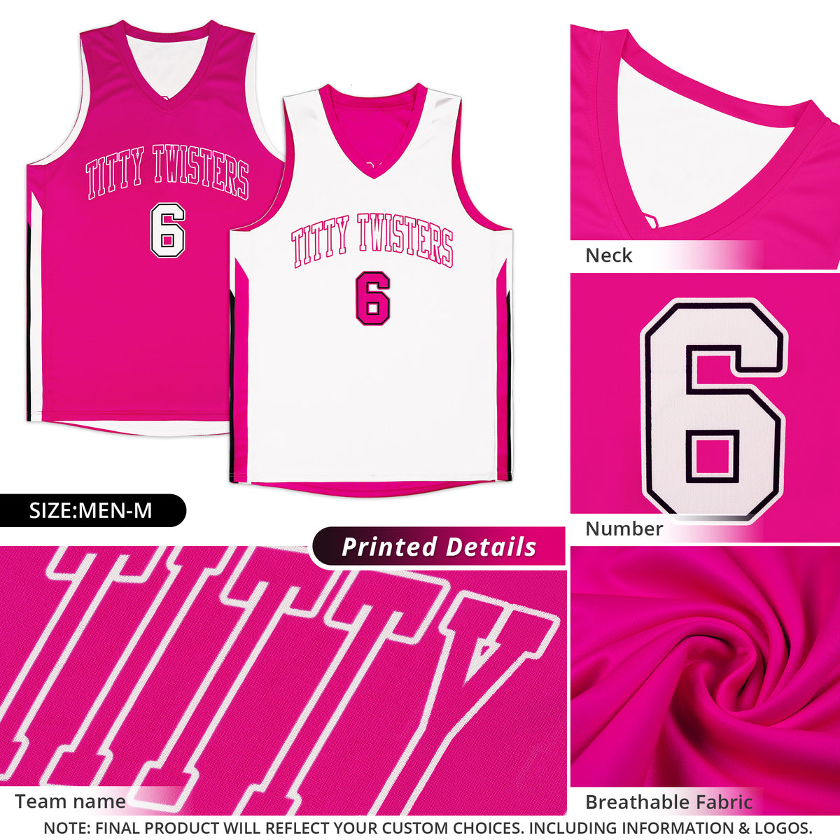 Custom Pink White Double Side Tops Men Training Basketball Jersey