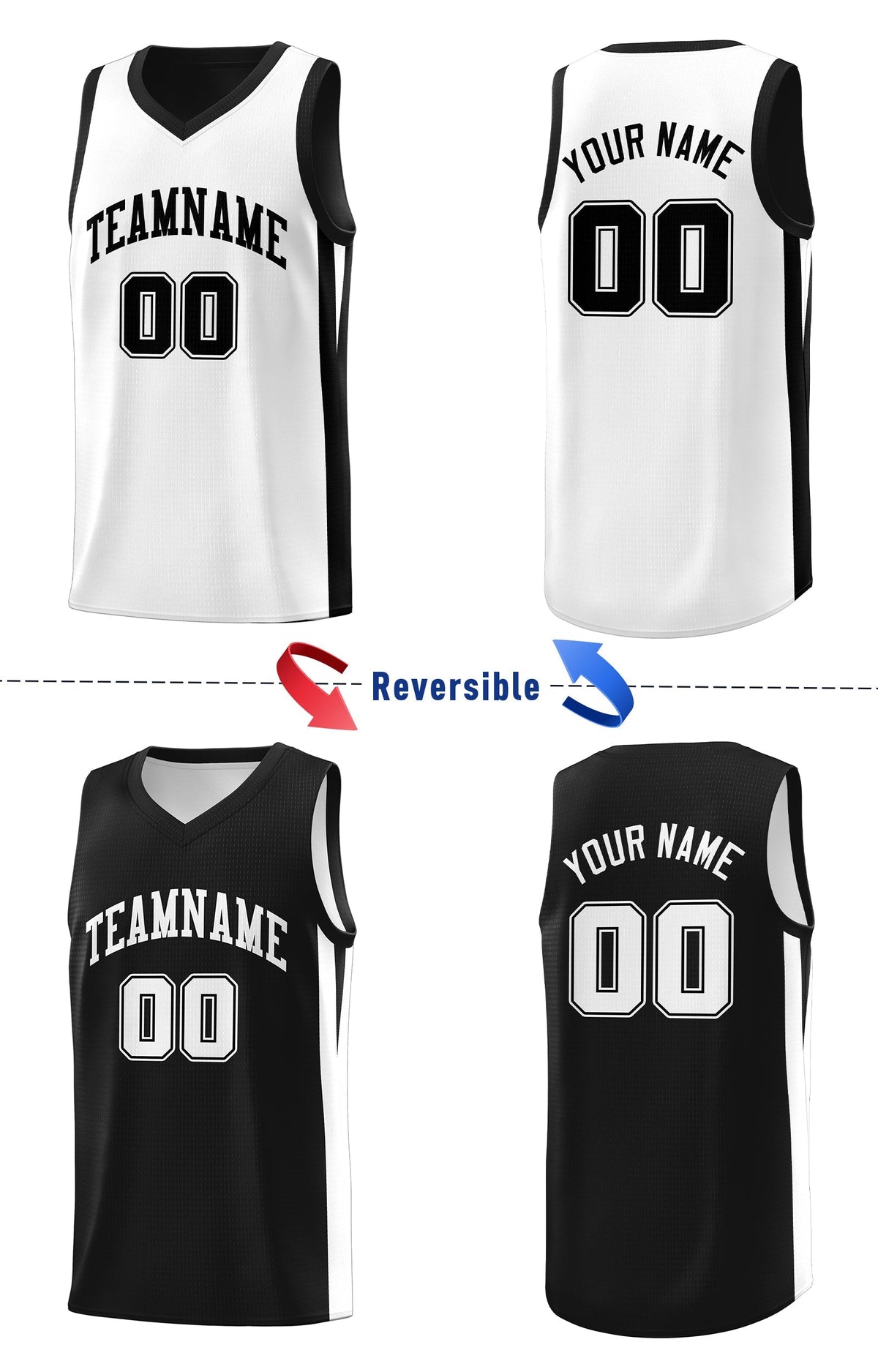 Custom Black White Double Side Tops Athletic Basketball Jersey