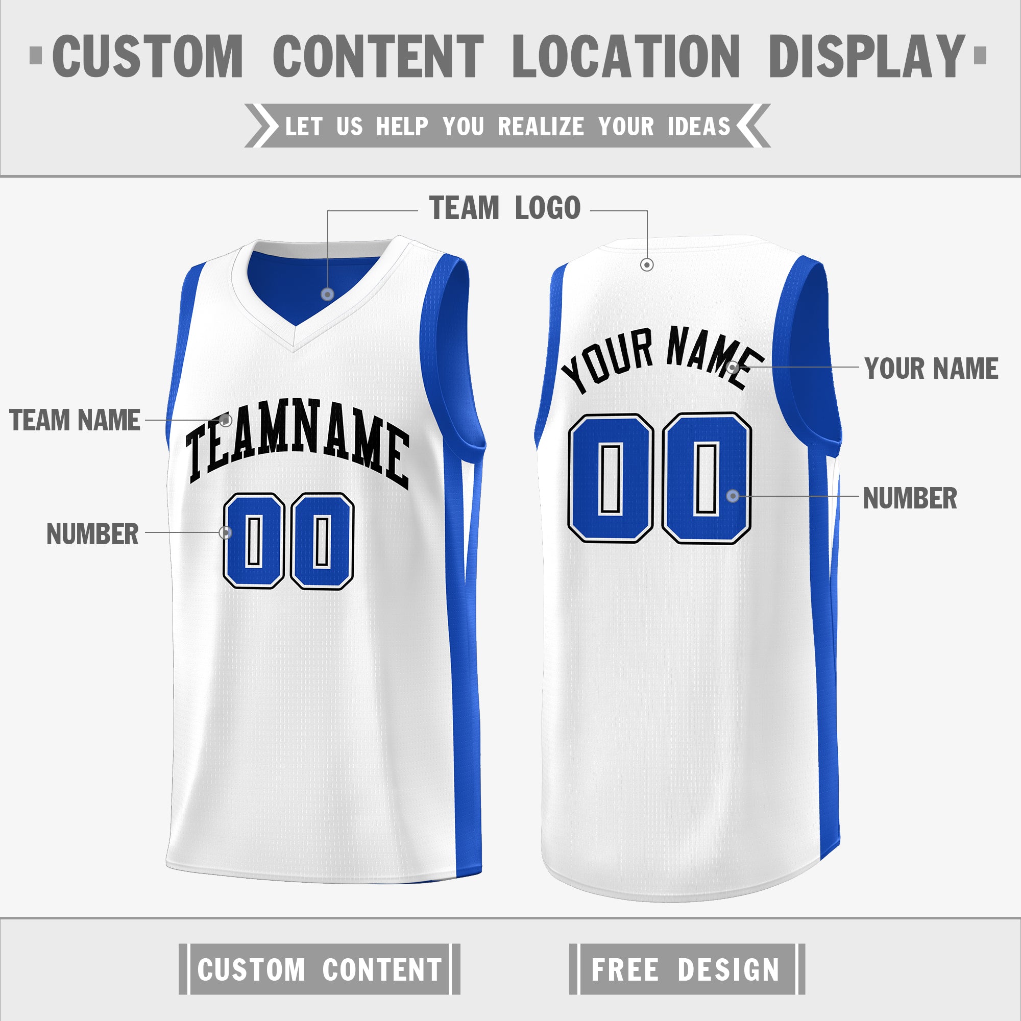Benutzerdefinierte Royal White Double Side Tops Athletic Basketball Jersey