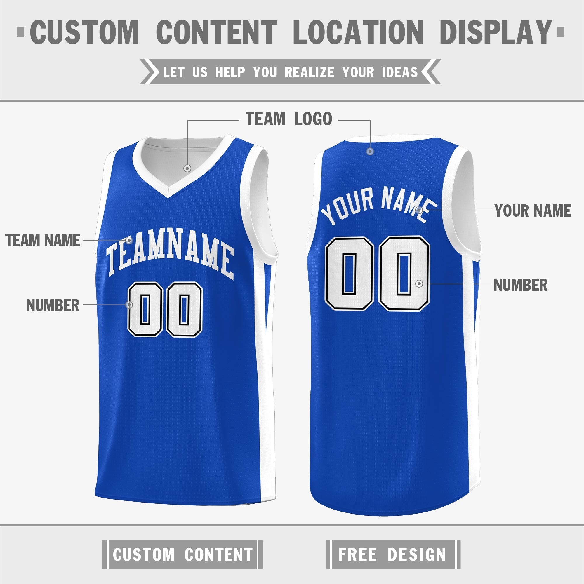 Benutzerdefinierte Royal White Double Side Tops Athletic Basketball Jersey