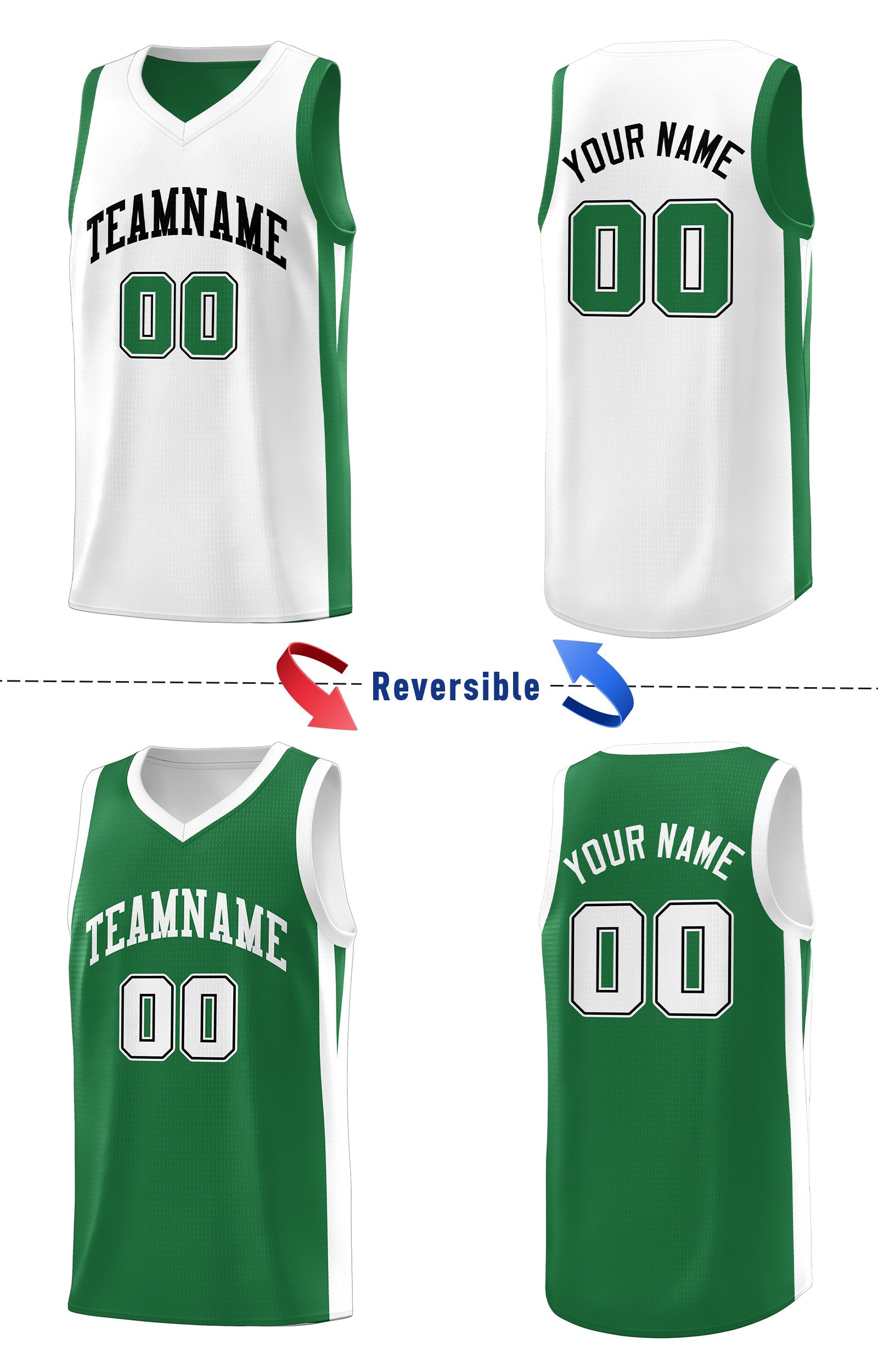 Benutzerdefinierte grün weiß doppelseitig Tops Athletic Basketball Jersey