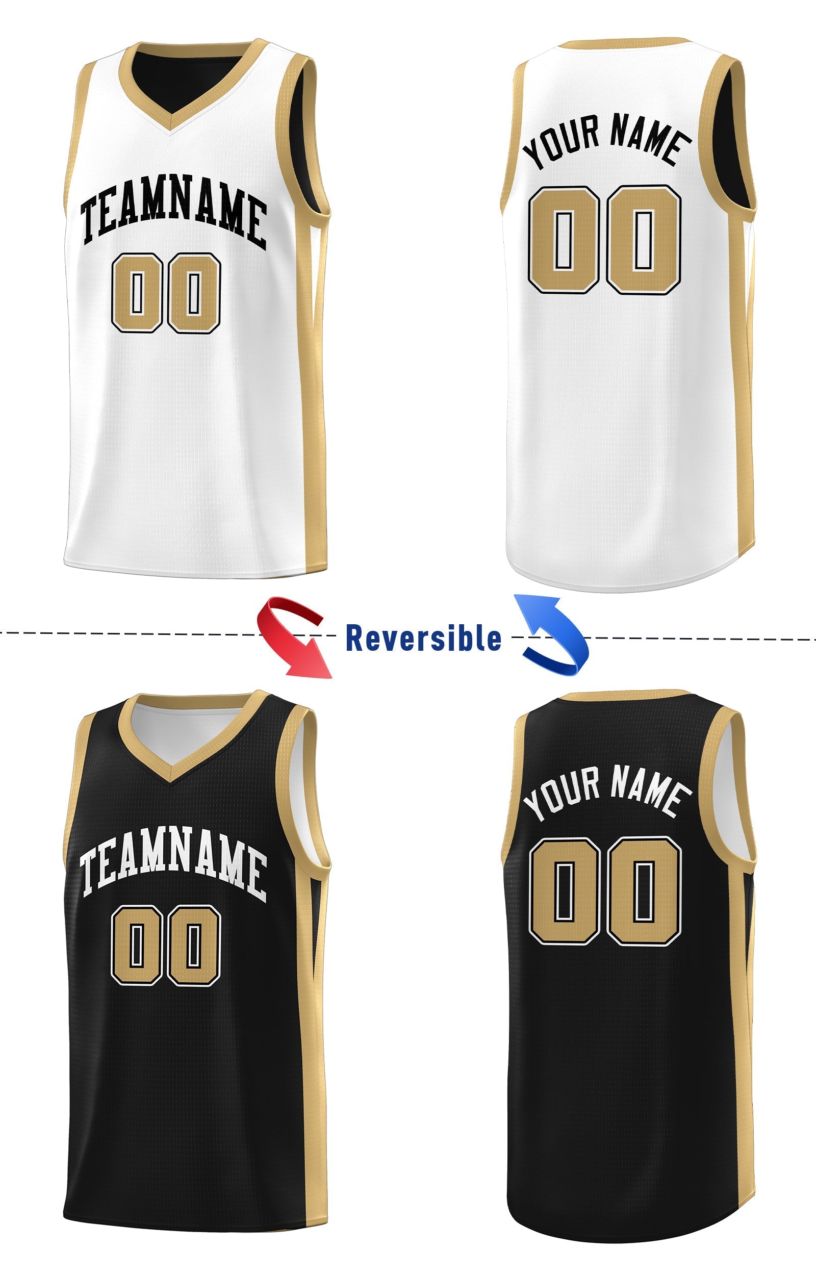 Benutzerdefinierte schwarz weiß-khaki doppelseitige Tops Athletic Basketball Jersey
