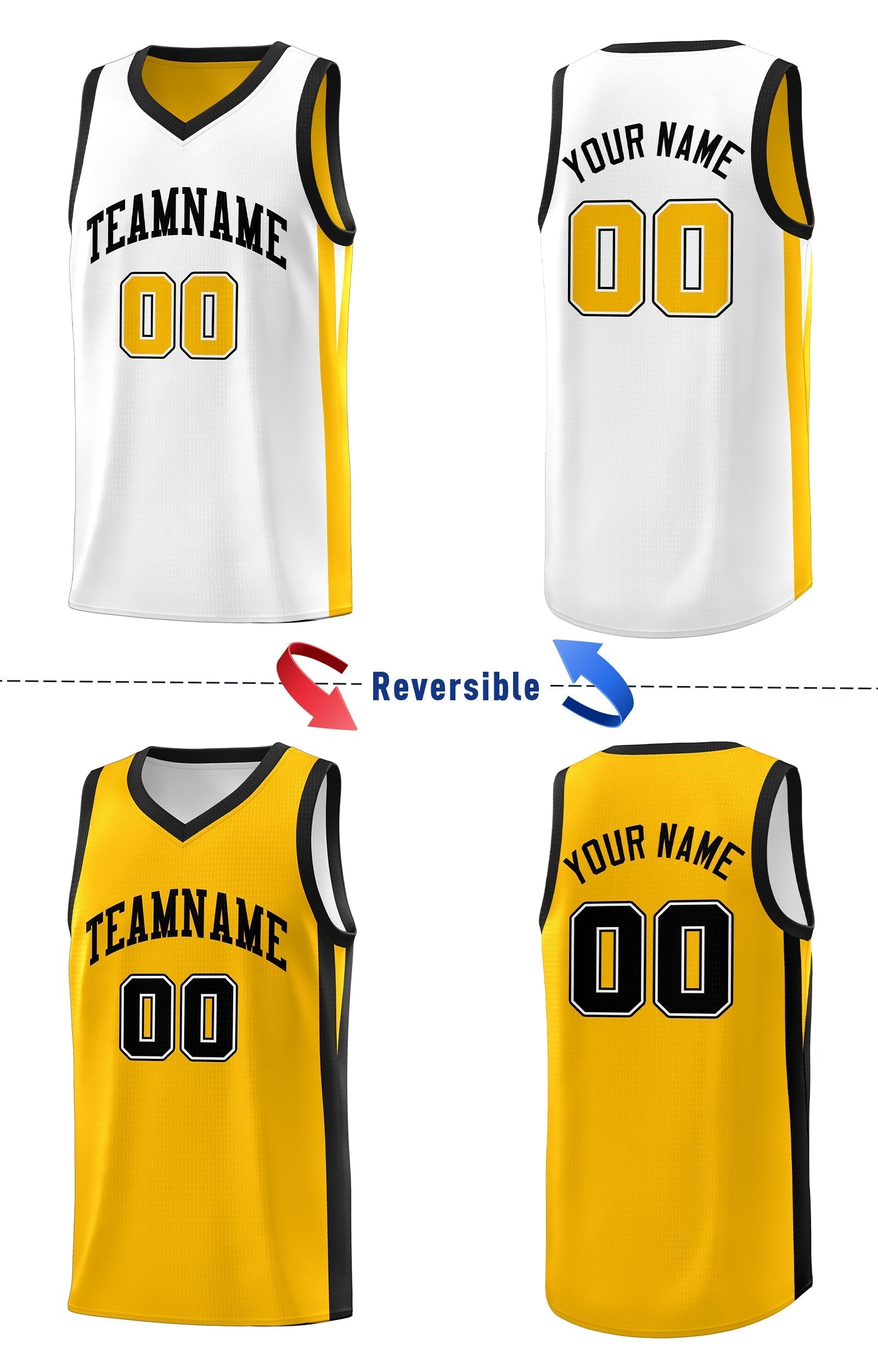 Benutzerdefinierte gelb weiß doppelseitig Tops Athletic Basketball Jersey