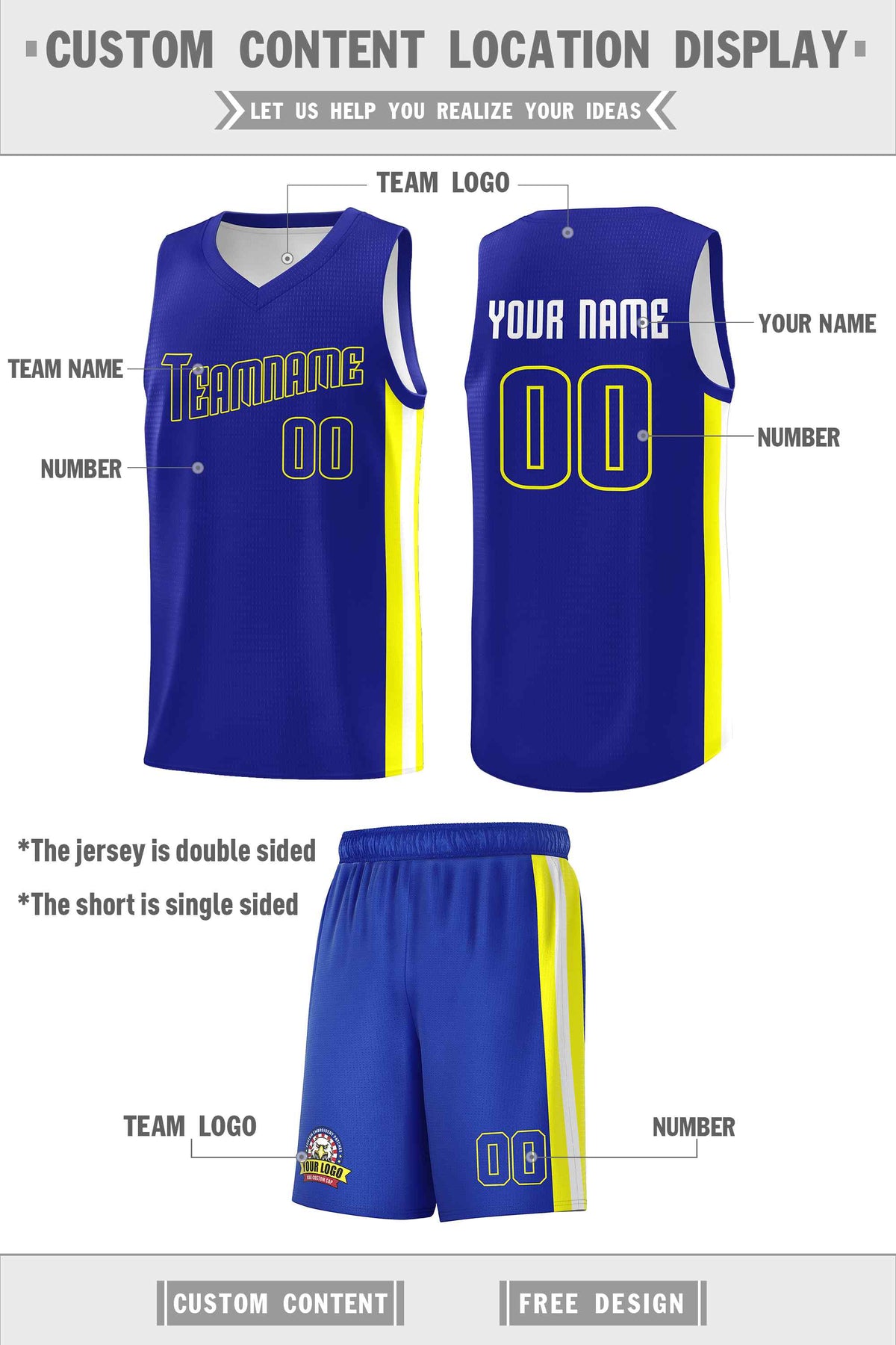 Custom Royal White-Yellow Double Side Sets Men Basketball Jersey