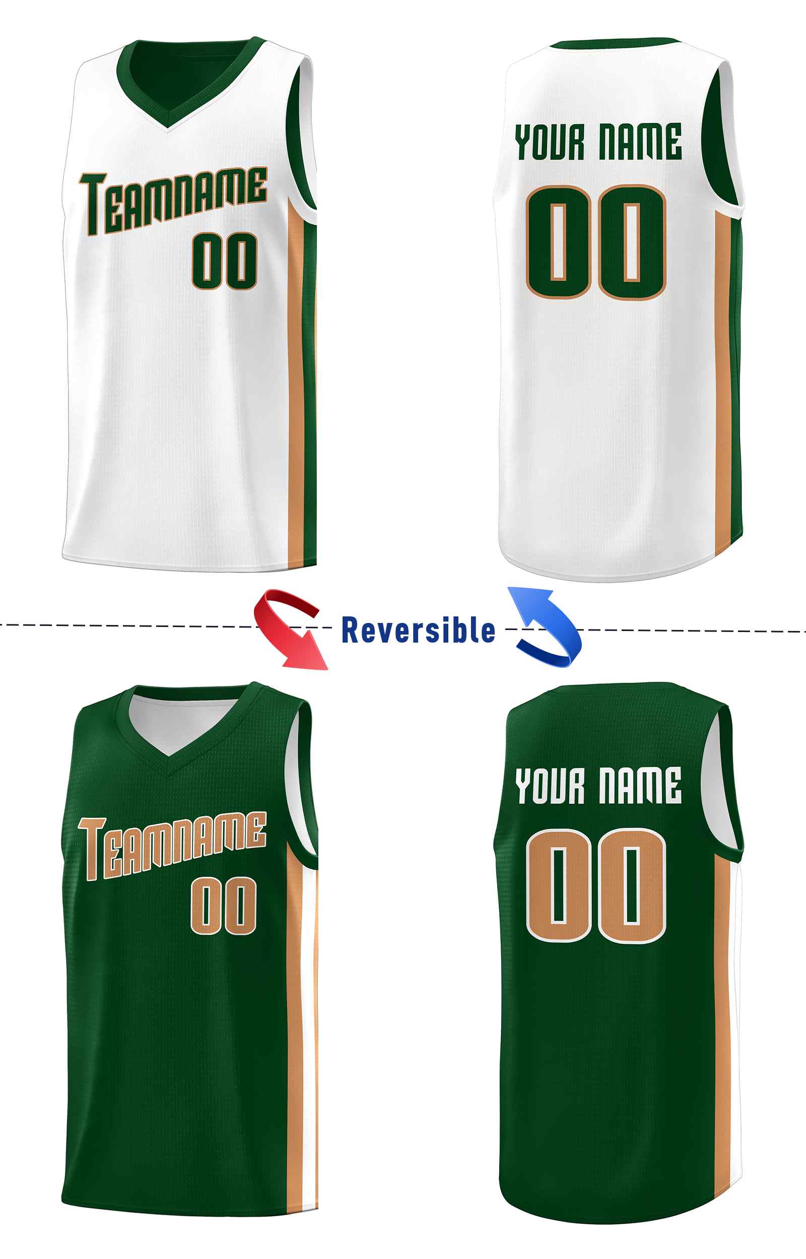 Benutzerdefinierte Grün Weiß-Alt Gold Doppel Seite kits Männer Basketball Jersey