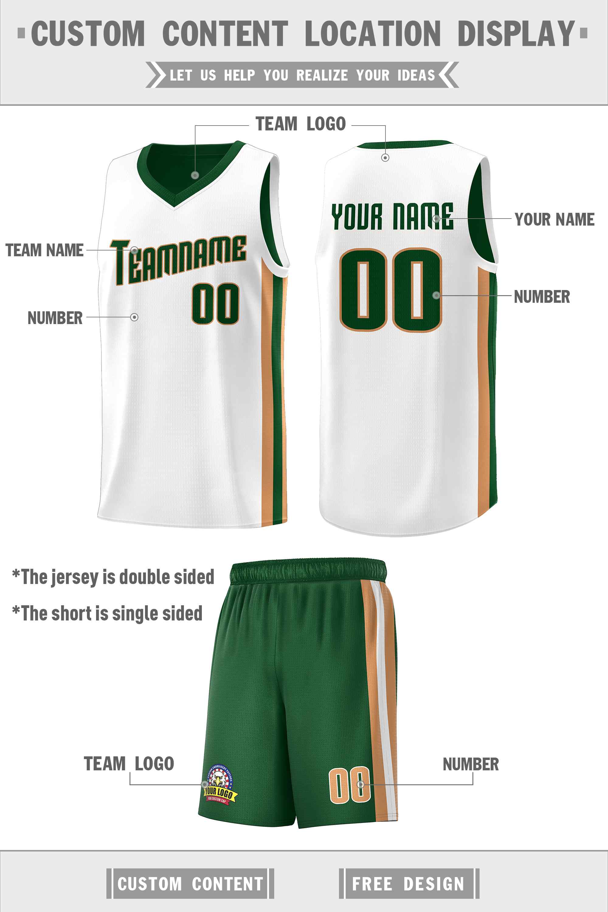 Benutzerdefinierte Grün Weiß-Alt Gold Doppel Seite kits Männer Basketball Jersey