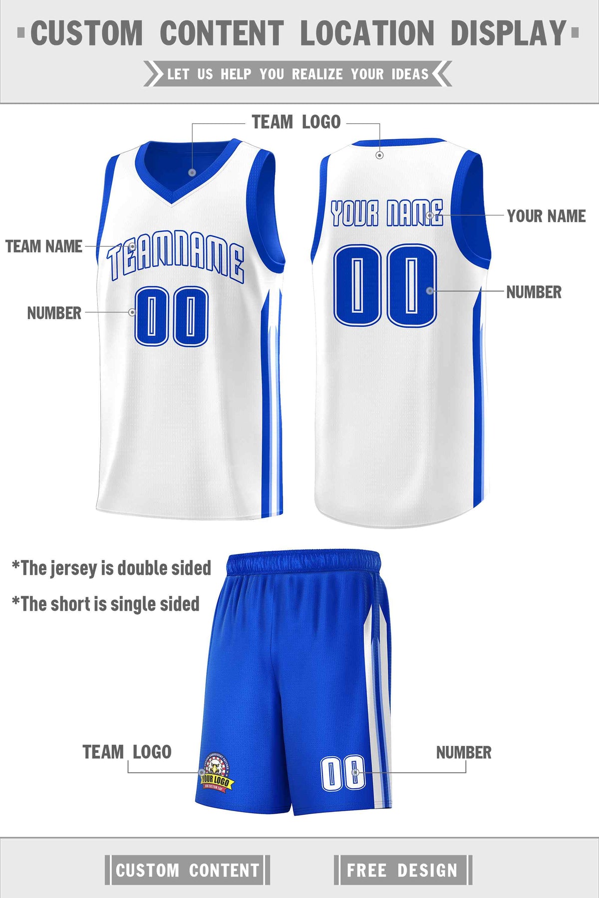 Custom Royal White Double SideKits Men Basketball Jersey