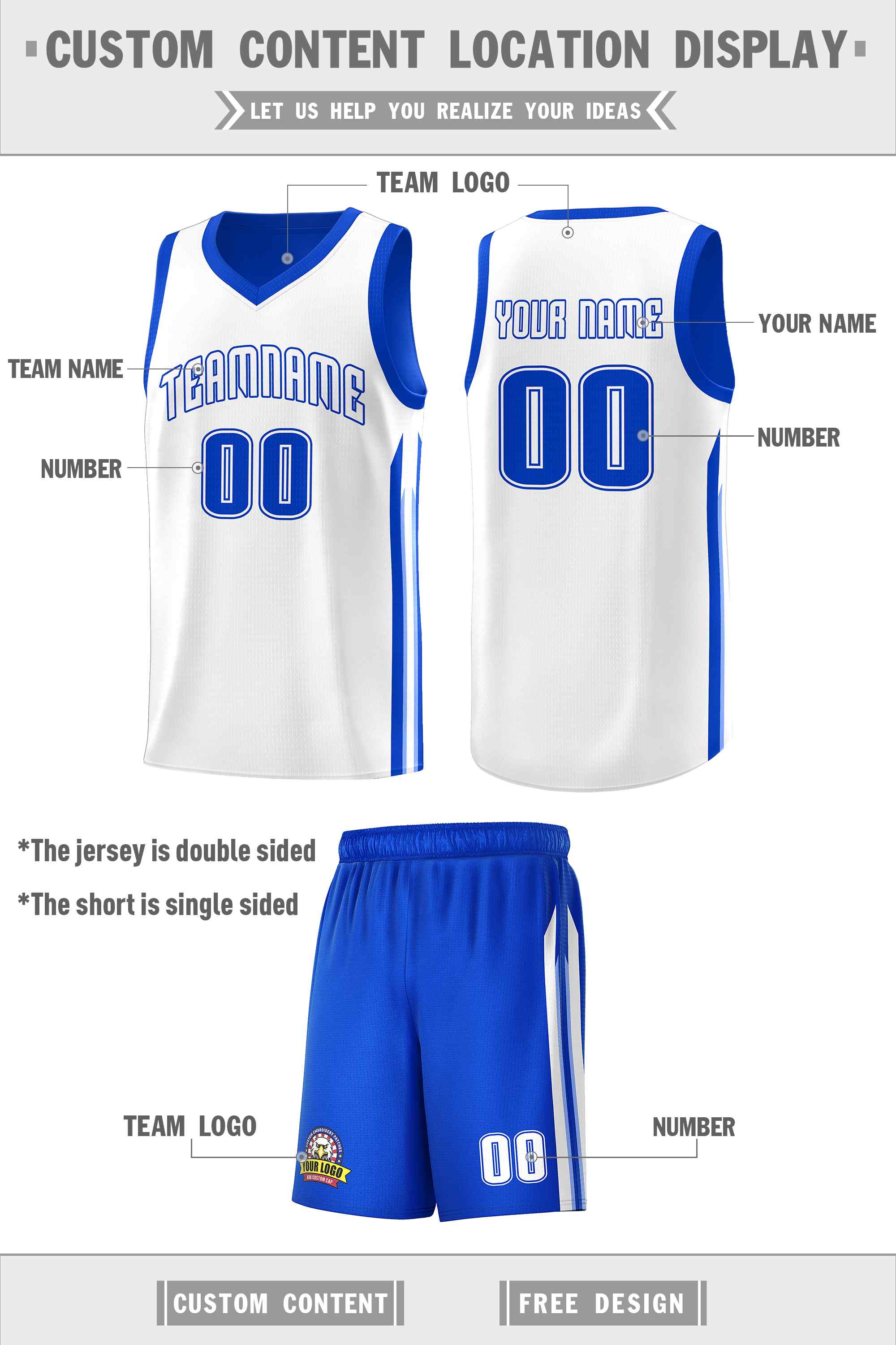 Maillot de basket-ball personnalisé Royal White Double SideKits pour homme