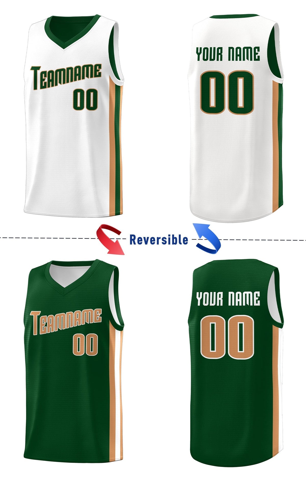 Custom Green White-Khaki Double Side Tops Basketball Jersey