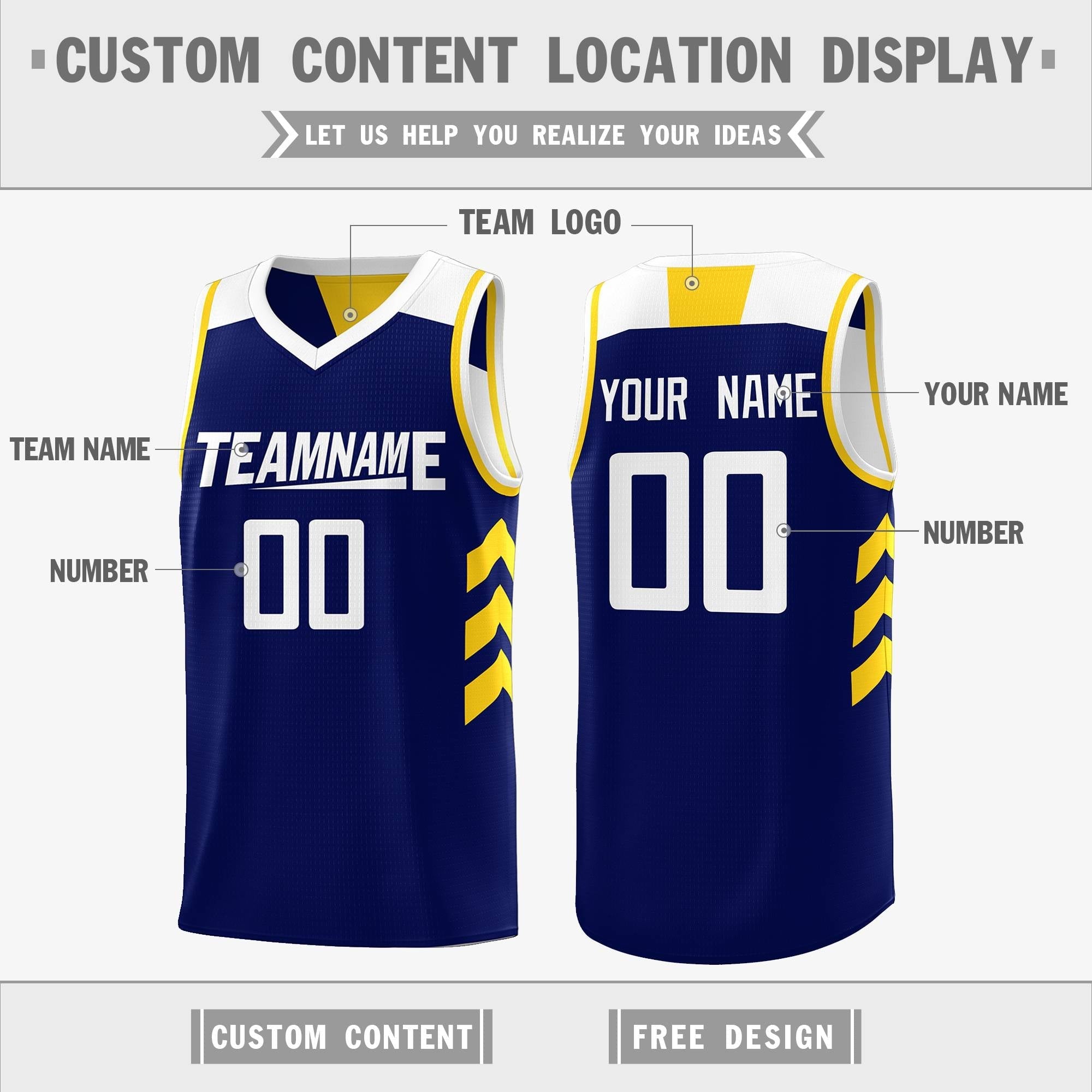 Benutzerdefiniertes, marineblaues, weißes, wendbares Basketballtrikot mit doppelseitigen Oberteilen