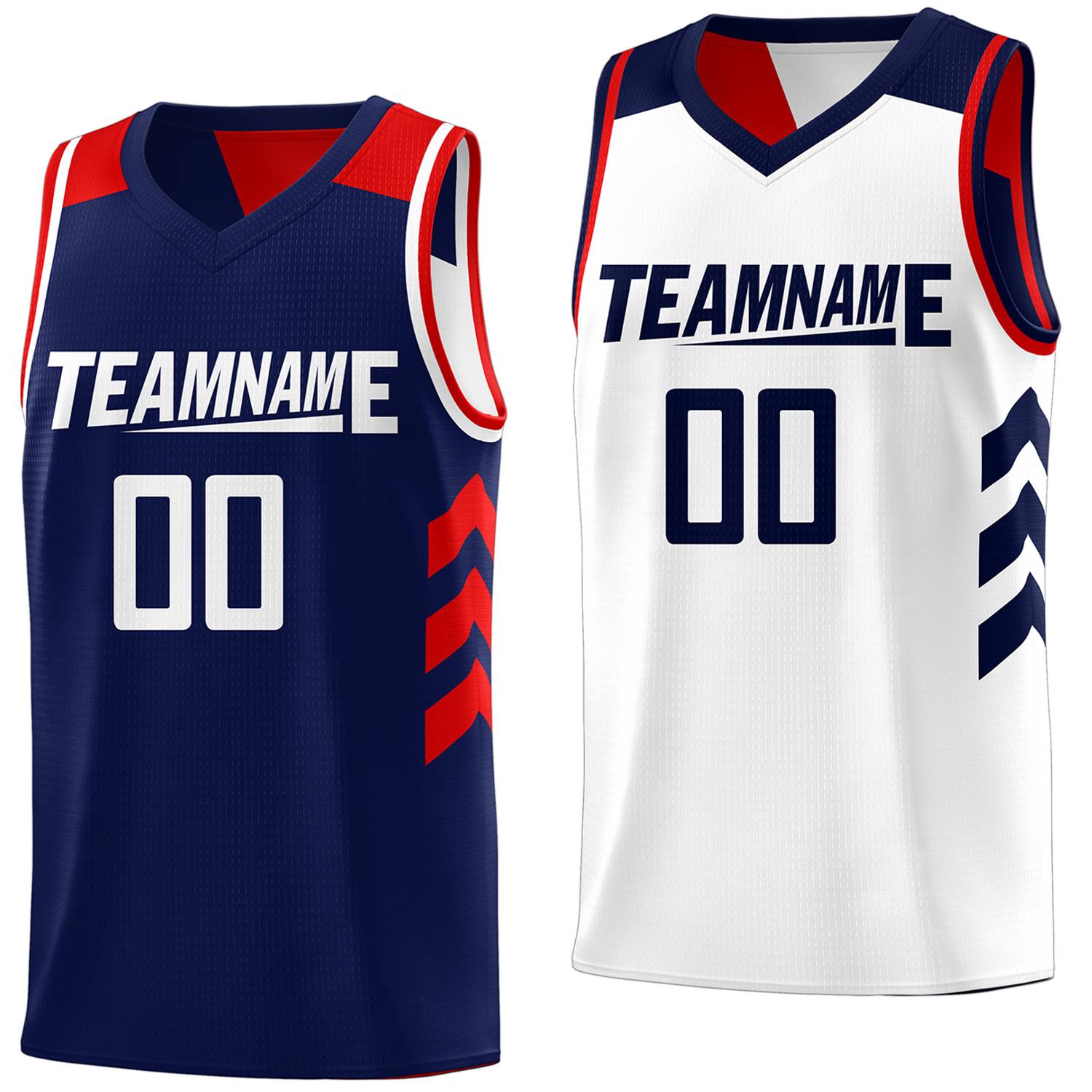 Benutzerdefiniertes, marineblaues, weißes, wendbares Basketballtrikot mit doppelseitigen Oberteilen