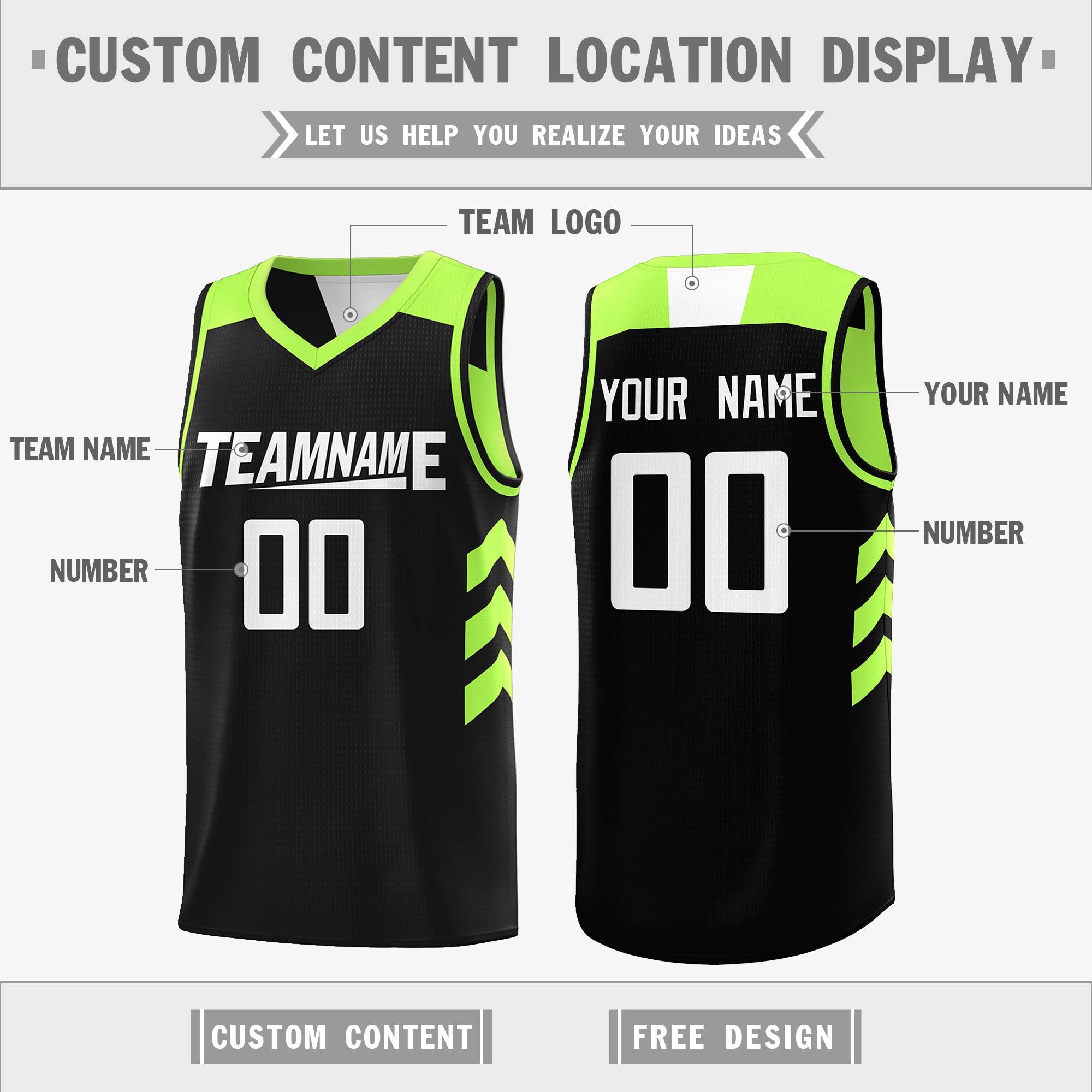 Benutzerdefinierte schwarz neongrün reversible Doppelseite Tops Basketball Jersey
