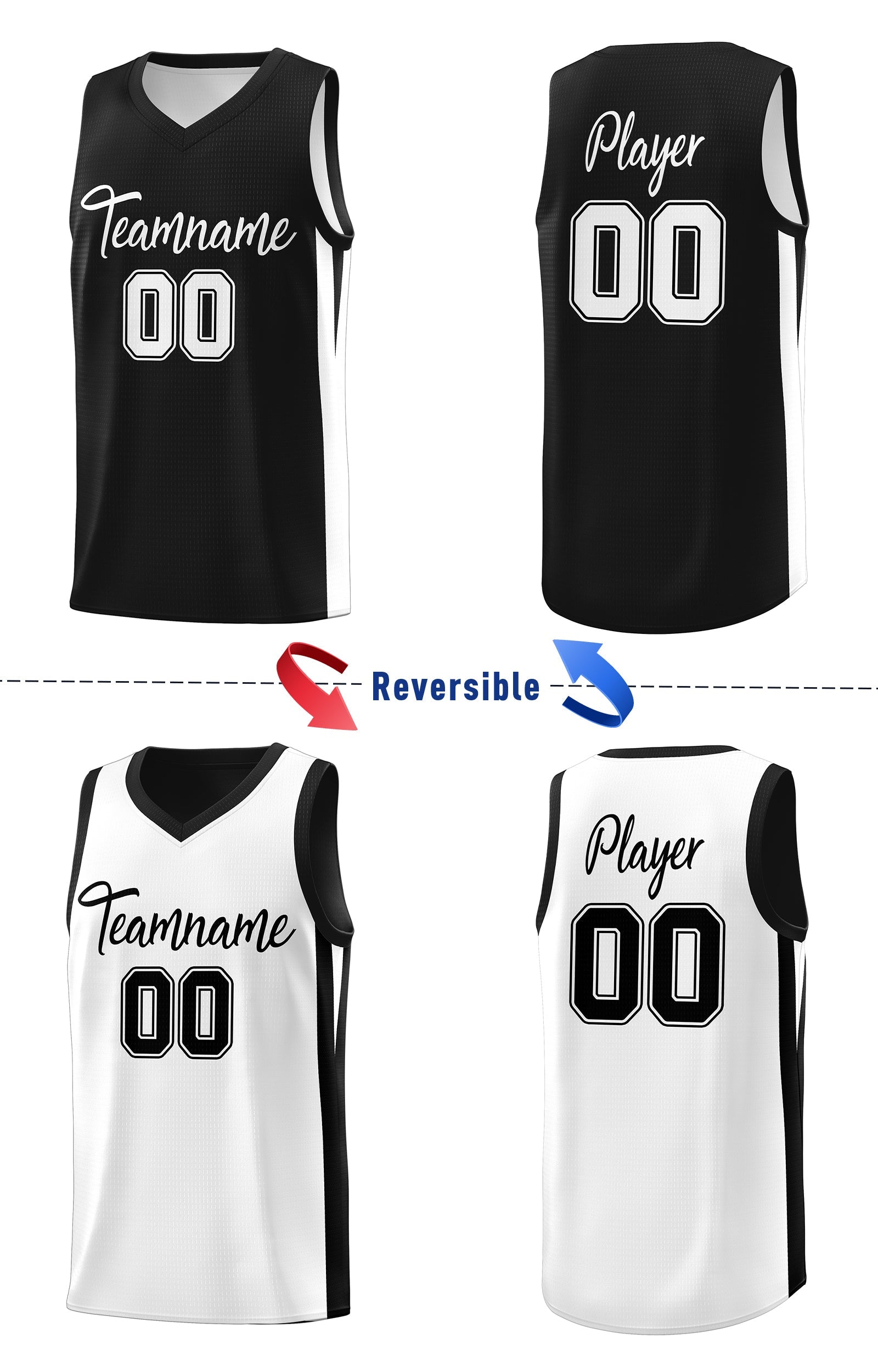 Benutzerdefinierte schwarz weiß doppelseitige Tops Athletic Basketball Jersey