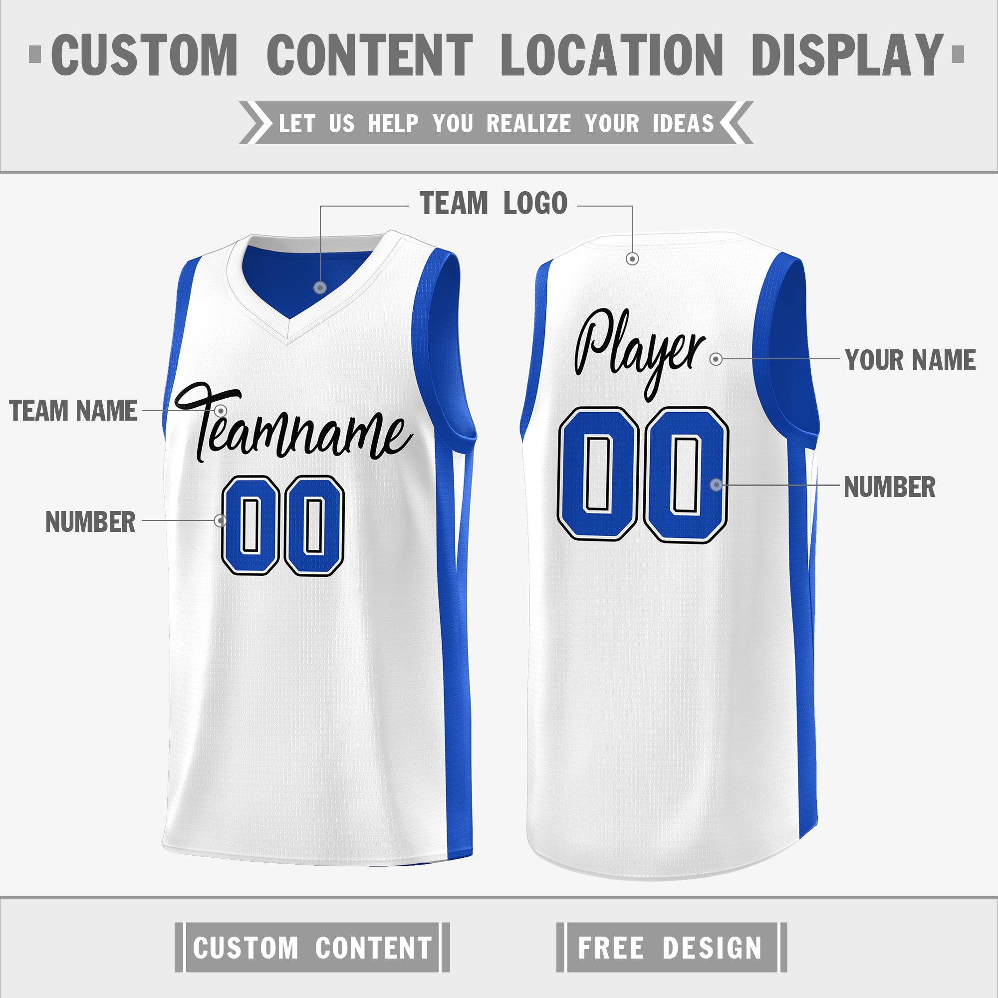 Benutzerdefinierte Royal White Double Side Tops Athletic Basketball Jersey