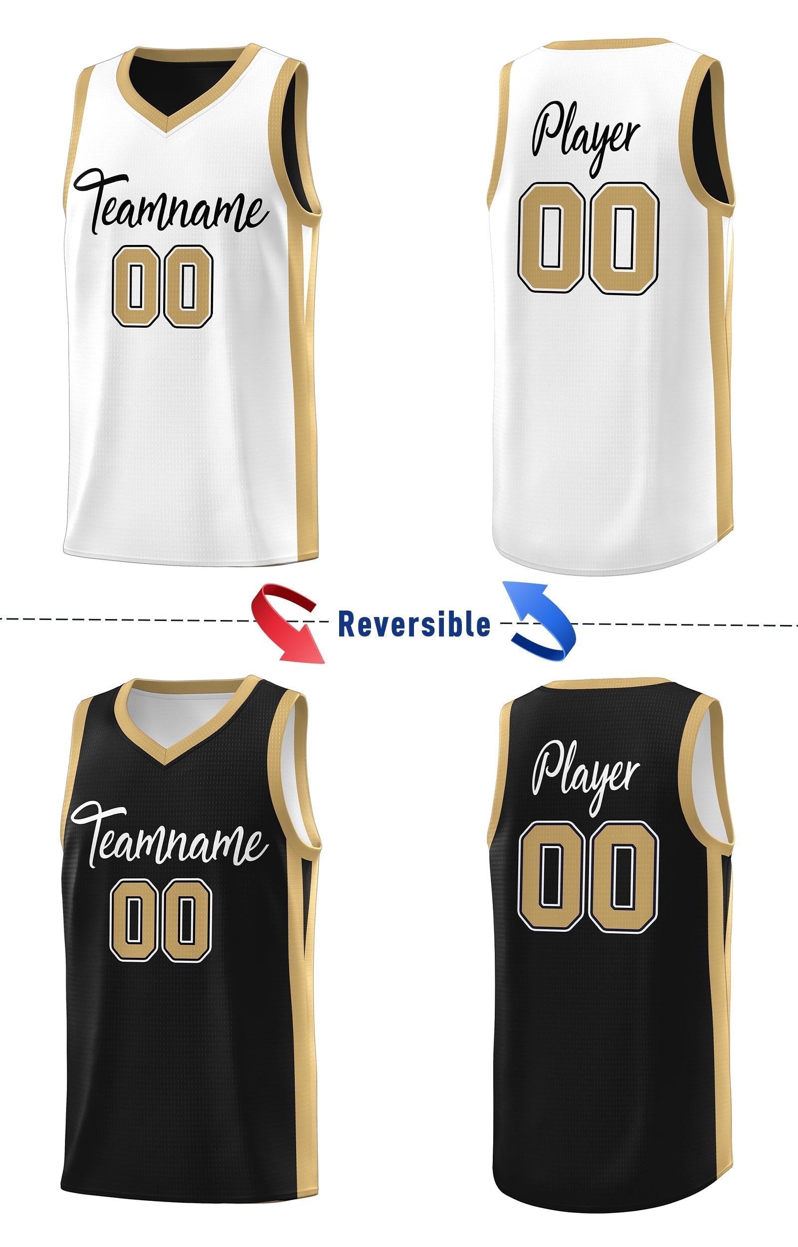 Benutzerdefinierte schwarz weiß-khaki doppelseitige Tops Athletic Basketball Jersey