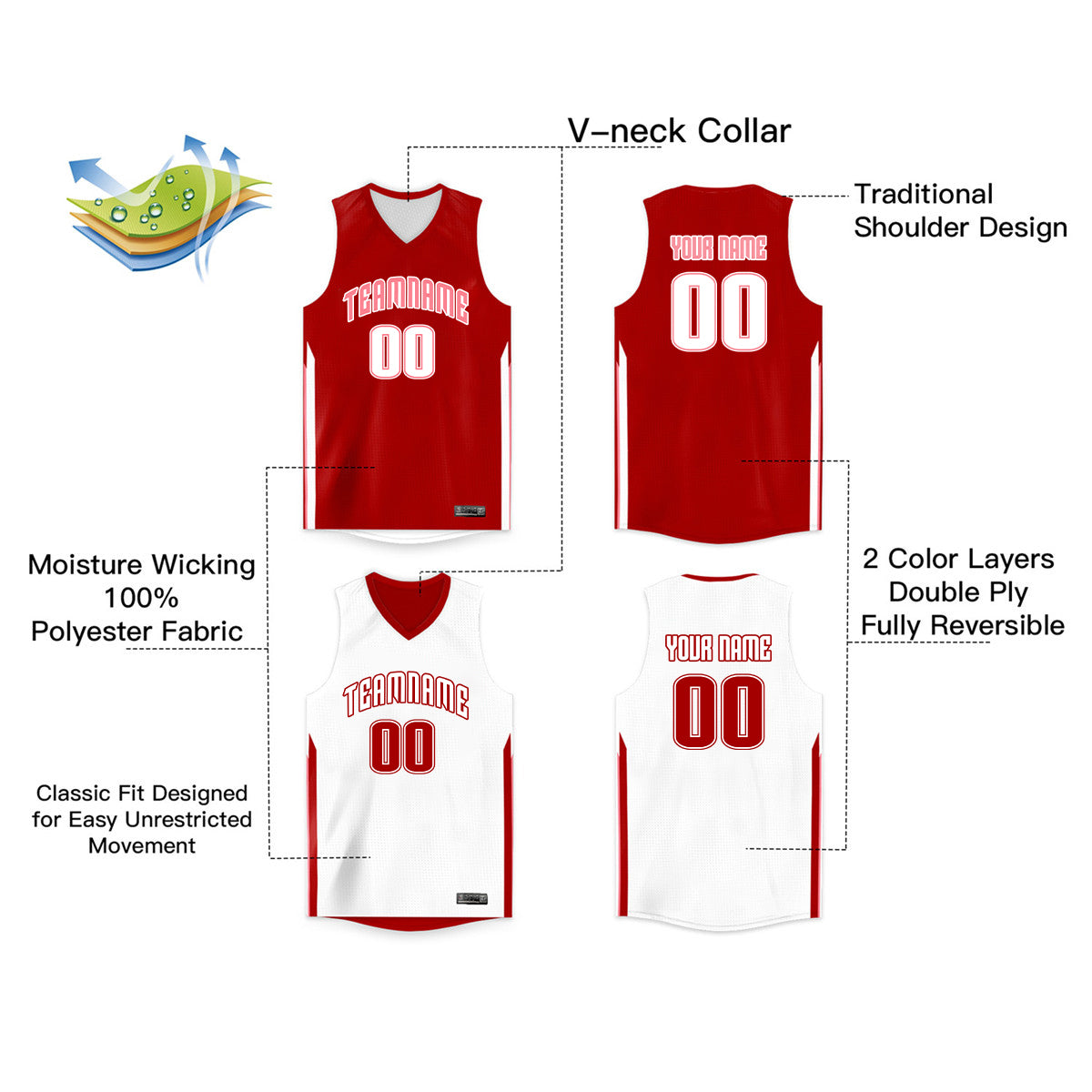 Benutzerdefinierte rot weiß doppelseitig Tops Männer/Jungen Basketball Jersey