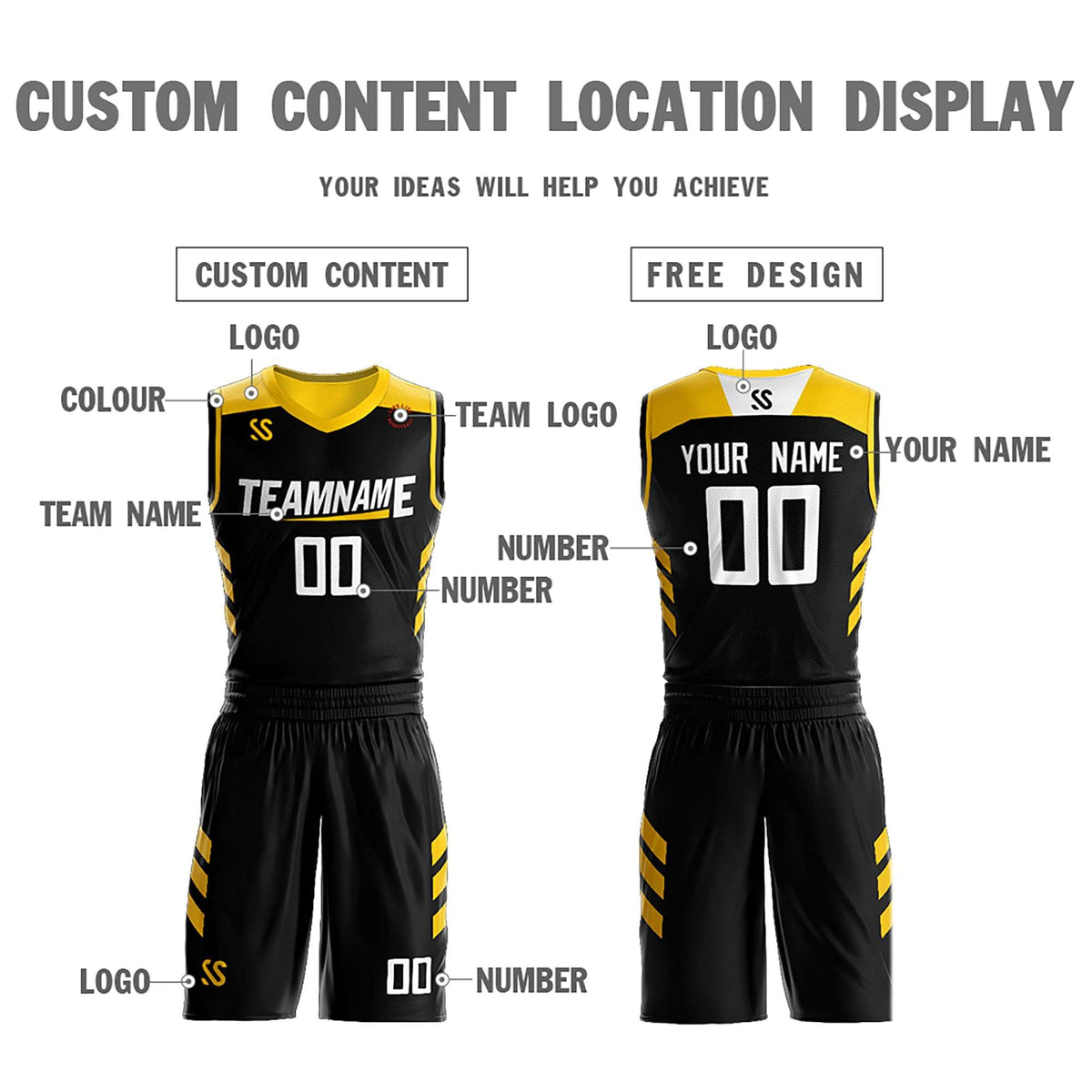 Custom Black Yellow Double Side Kits Design Sportswear Basketball Jersey