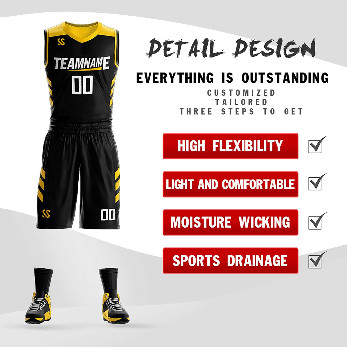 Custom Black Yellow Double Side Kits Design Sportswear Basketball Jersey