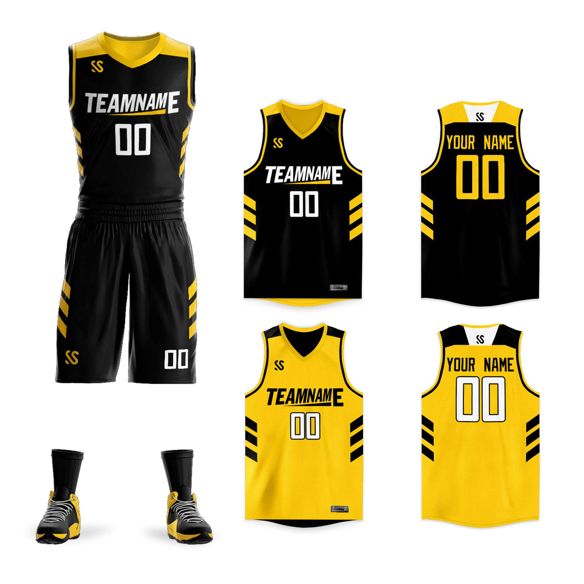 Custom Black Yellow Double Side Kits Design Sportswear Basketball Jersey