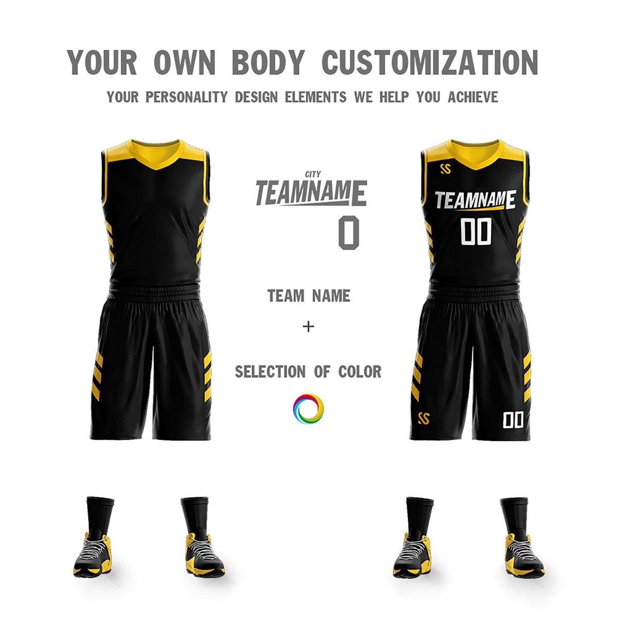 Custom Black Yellow Double Side Kits Design Sportswear Basketball Jersey