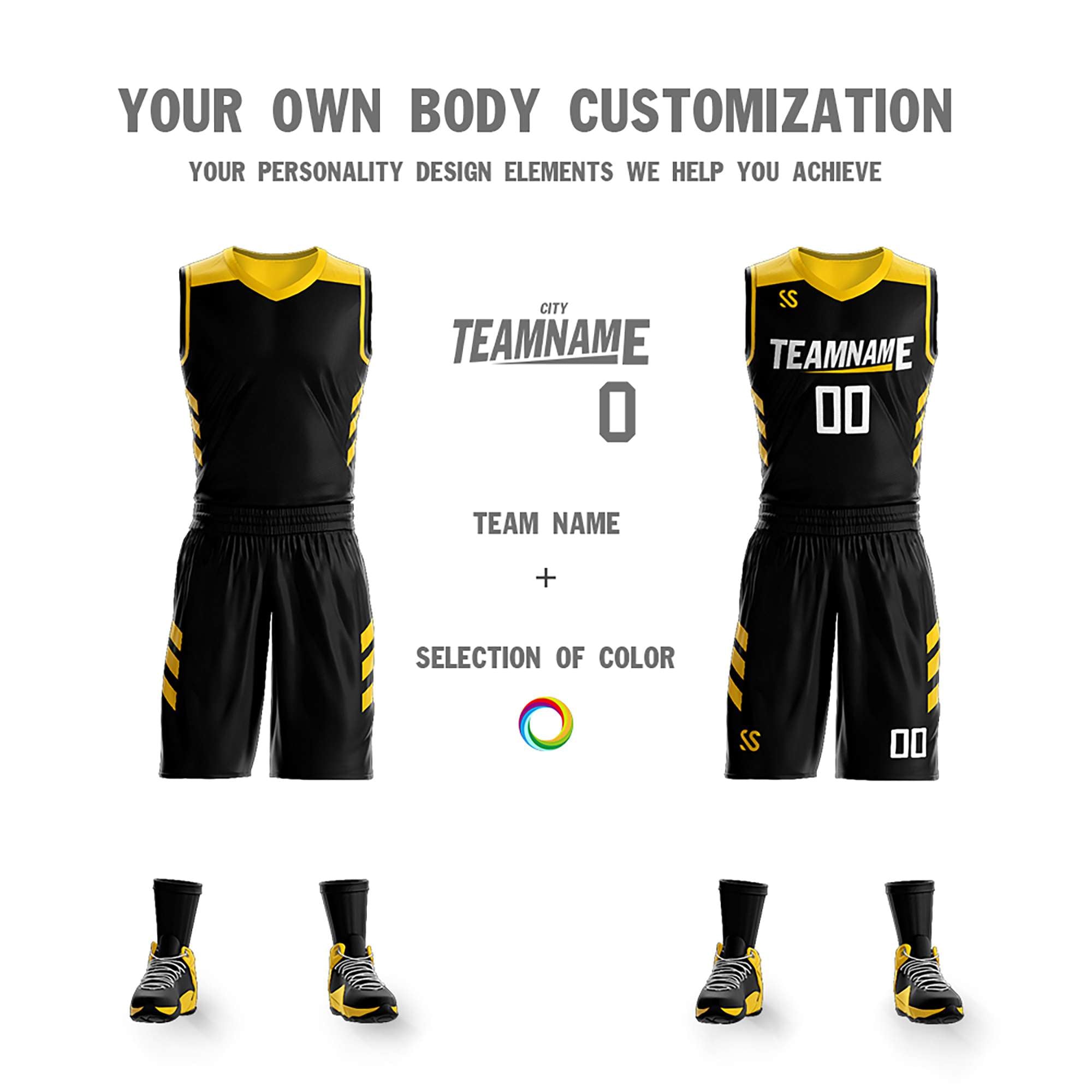Custom Black Yellow Double Side Kits Design Sportswear Basketball Jersey