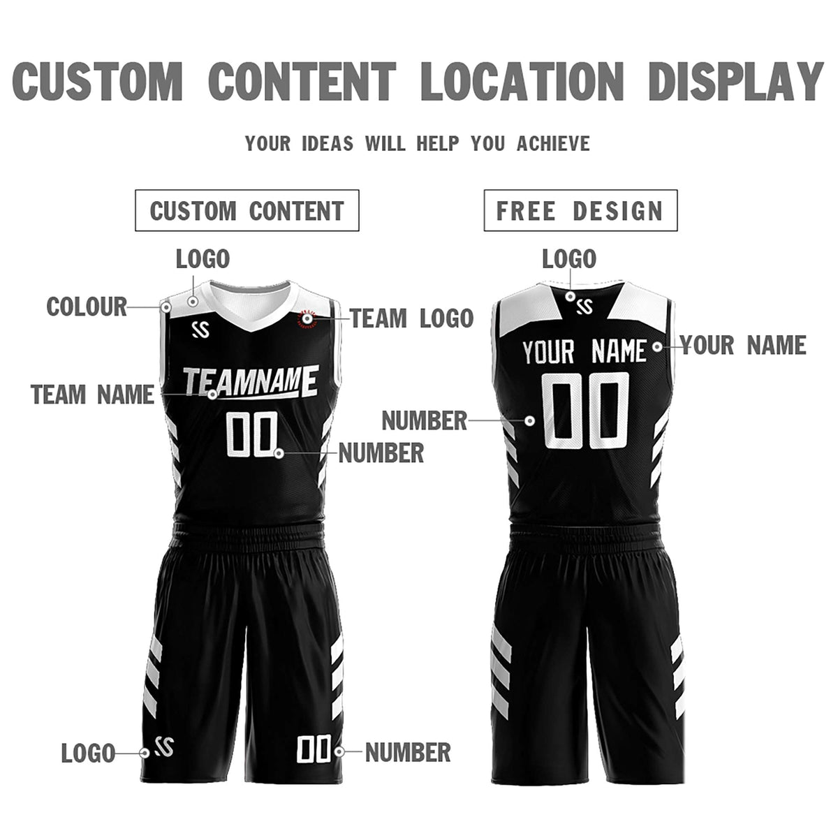Custom Black White Double Side Kits Design Sportswear Basketball Jersey
