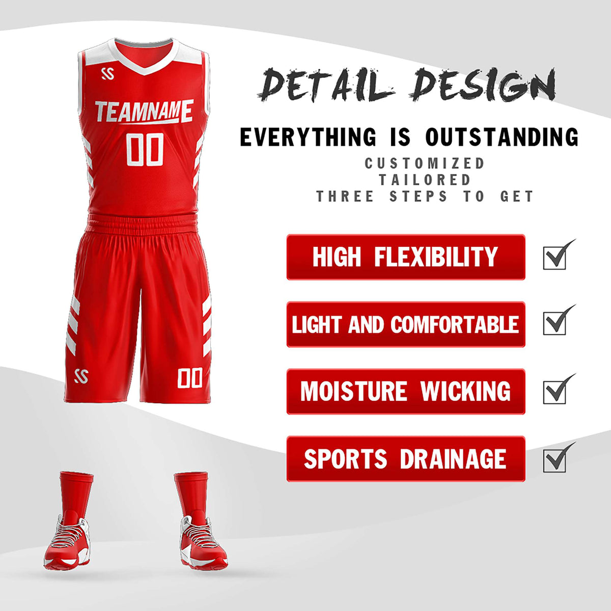 Custom Red White Double Side Kits Design Sportswear Basketball Jersey