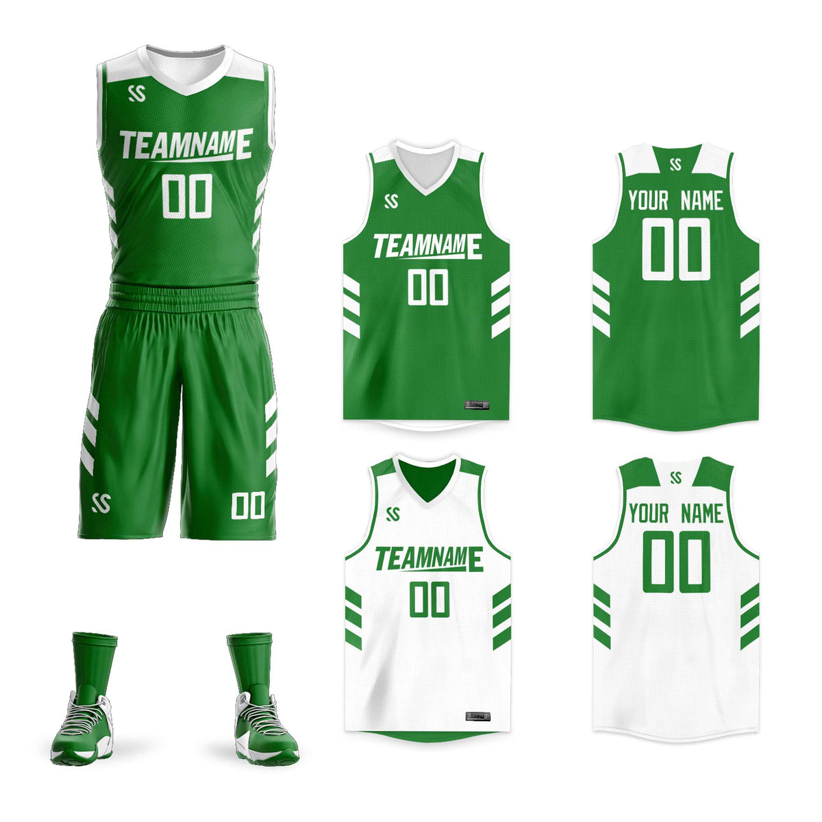Custom Green White Double Side Kits Design Sportswear Basketball Jersey