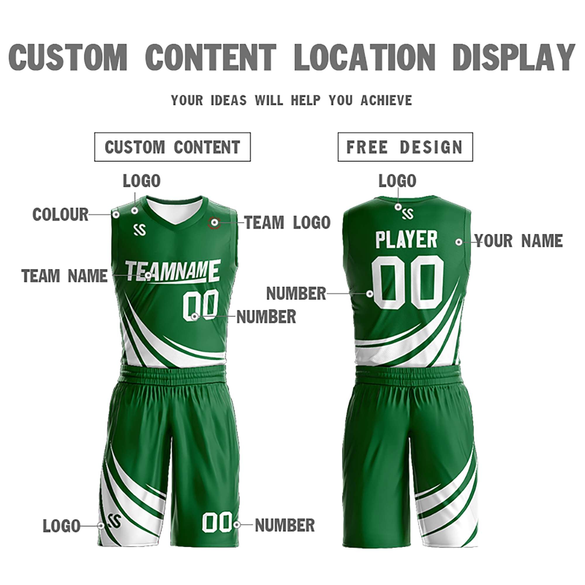 Maillot de basket-ball personnalisé vert et blanc à double face