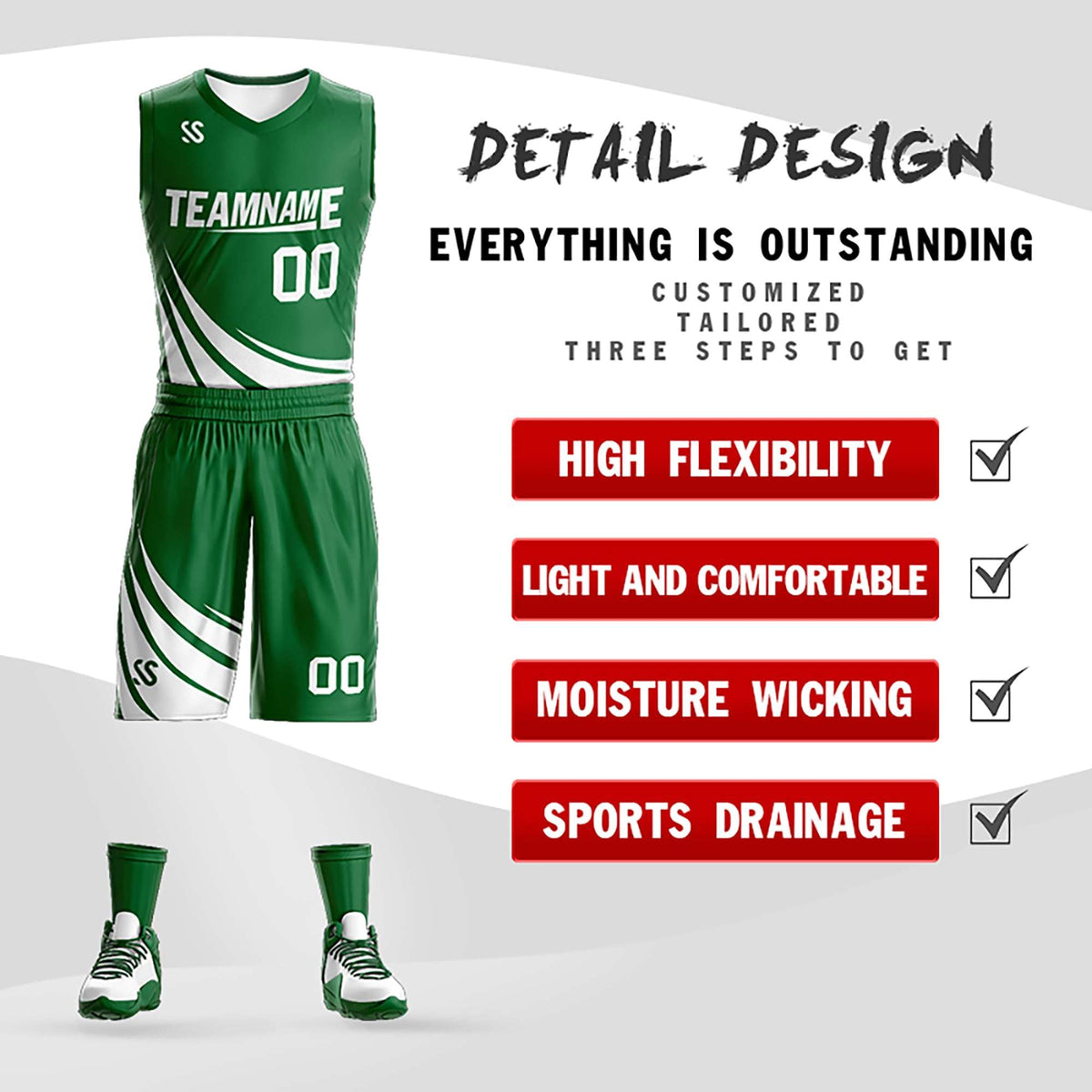 Custom Green White Double Side Kits Design Sportswear Basketball Jersey