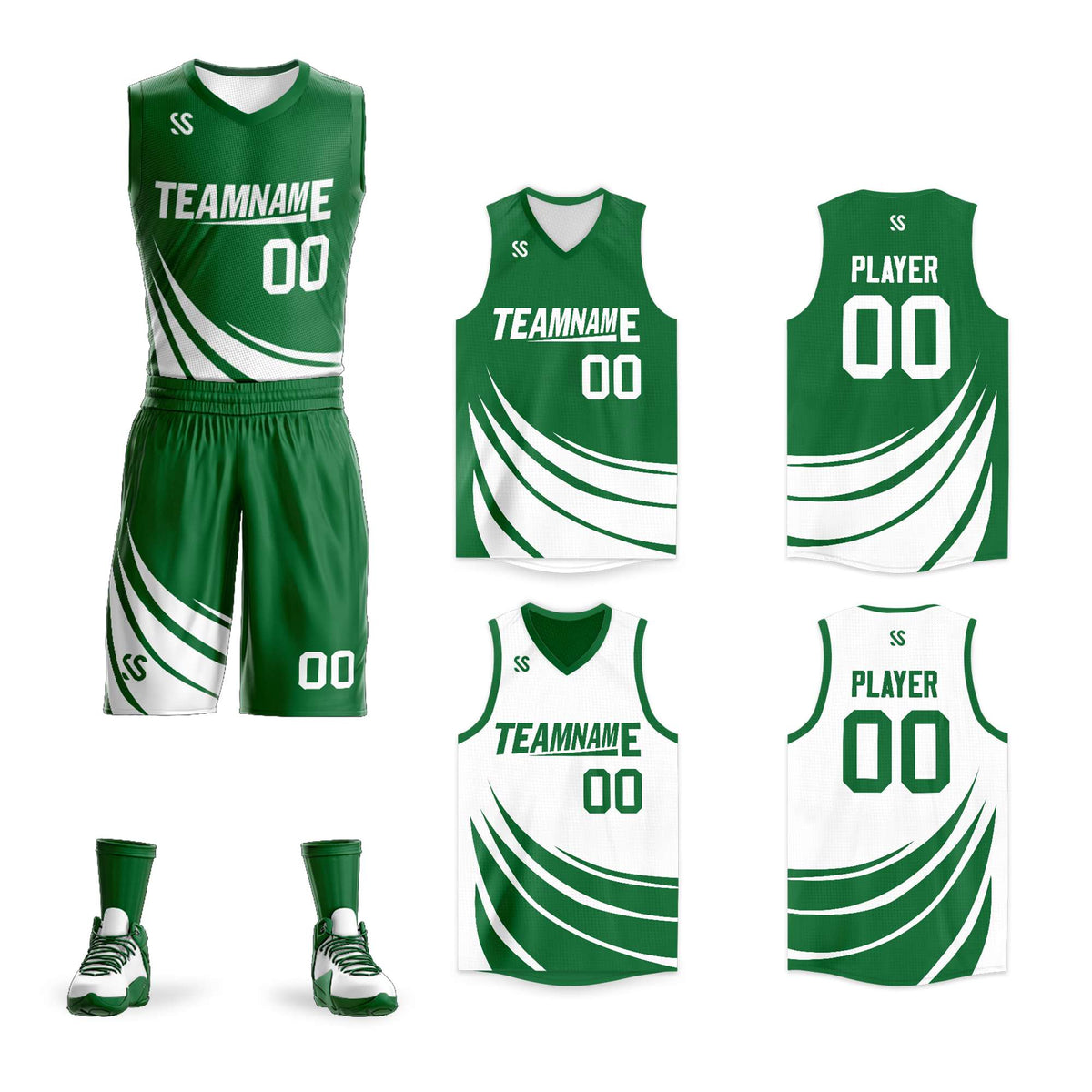 Custom Green White Double Side Kits Design Sportswear Basketball Jersey