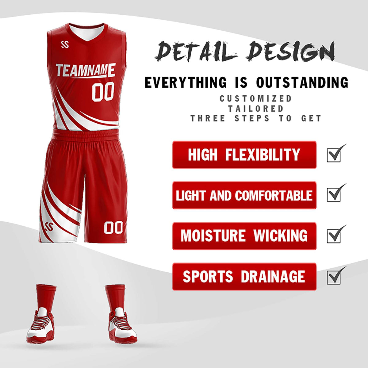 Custom Red White Double Side Kits Design Sportswear Basketball Jersey