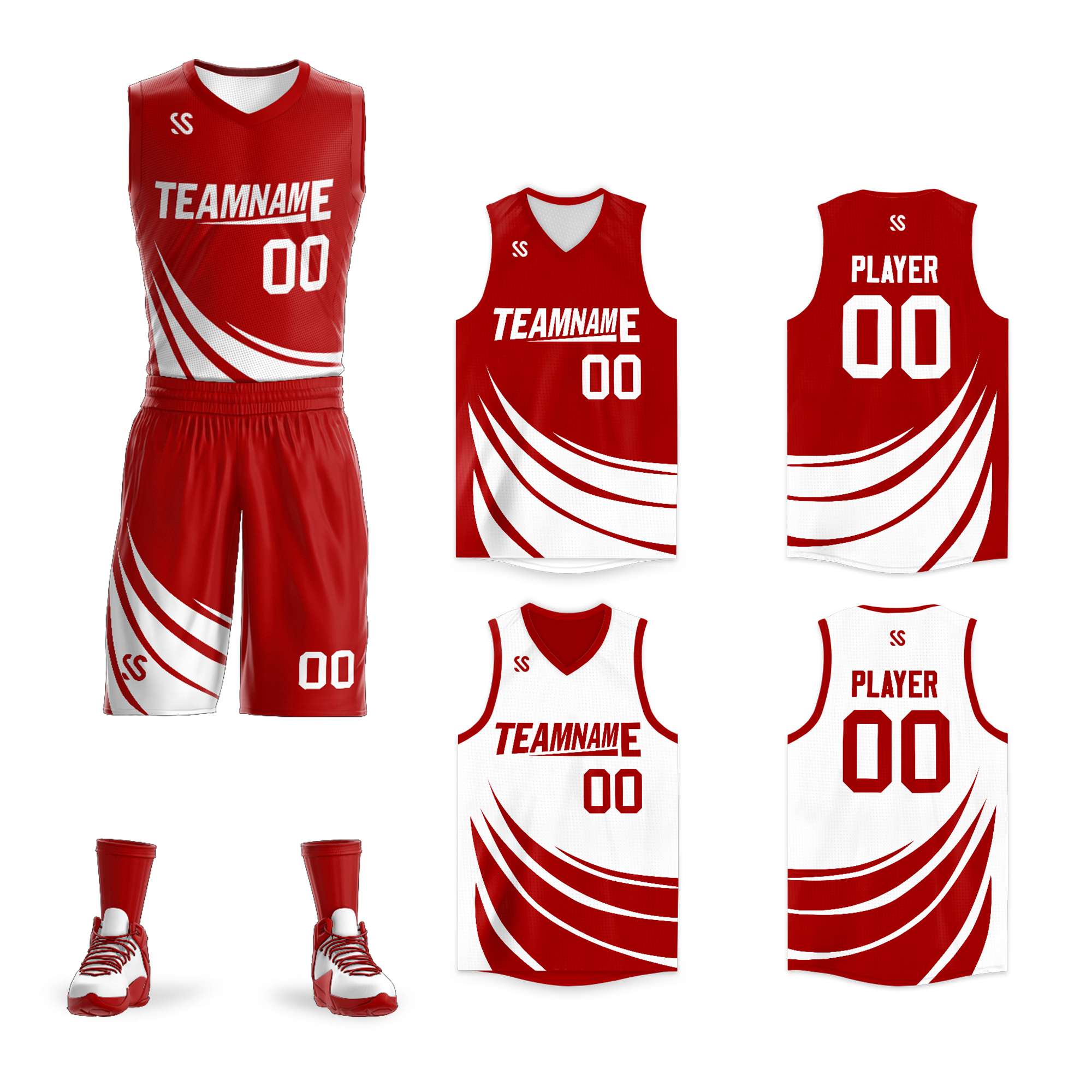 Maillot de basket-ball personnalisé rouge et blanc à double face