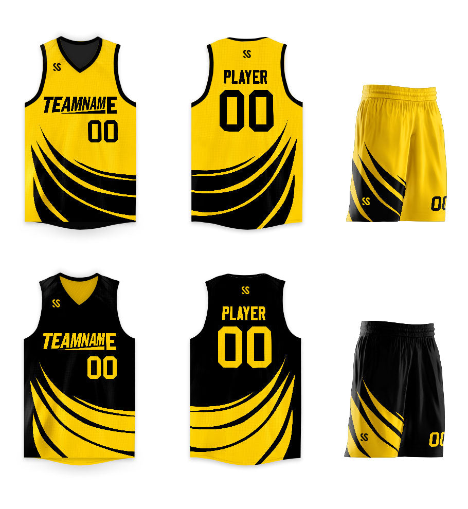 Maillot de basket-ball personnalisé noir et jaune à double face