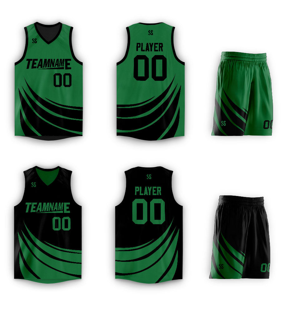 Benutzerdefinierte schwarz-grüne Doppelseiten-Sets Design Sportswear Basketball Jersey