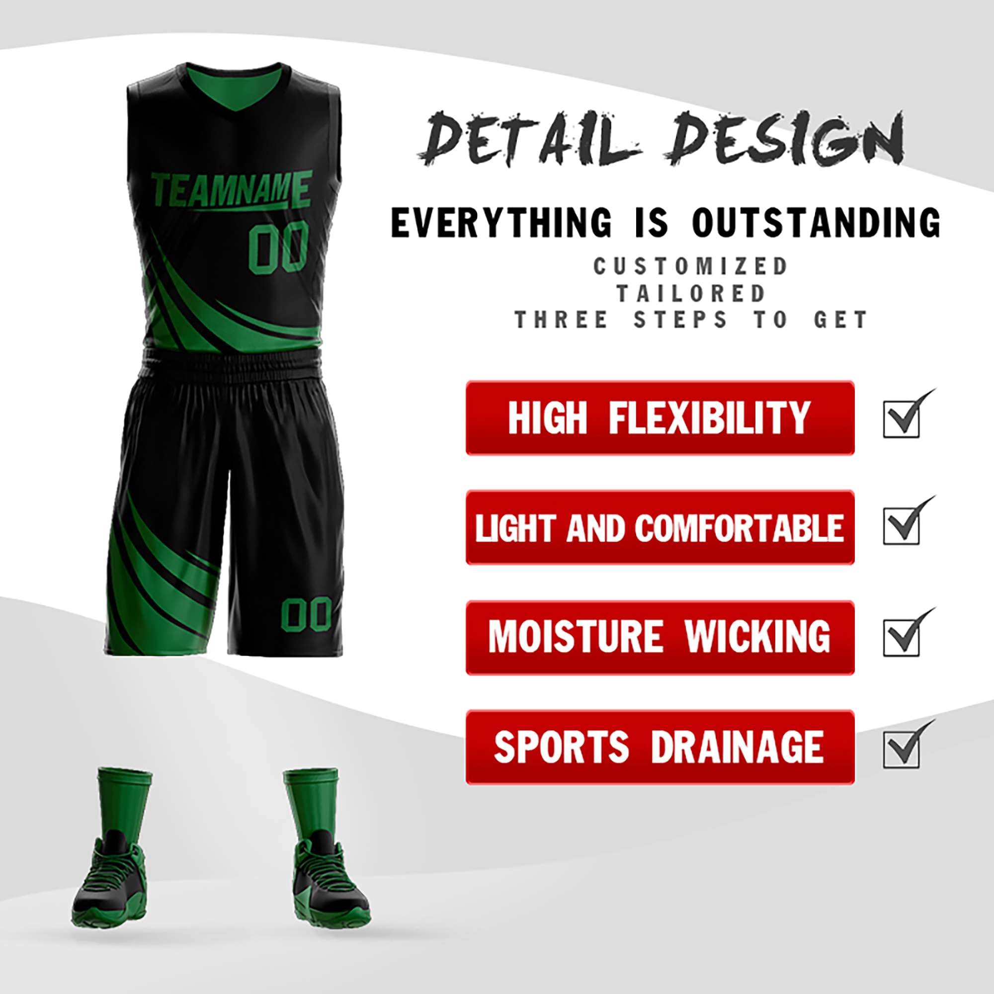 Benutzerdefinierte schwarz-grüne Doppelseiten-Sets Design Sportswear Basketball Jersey