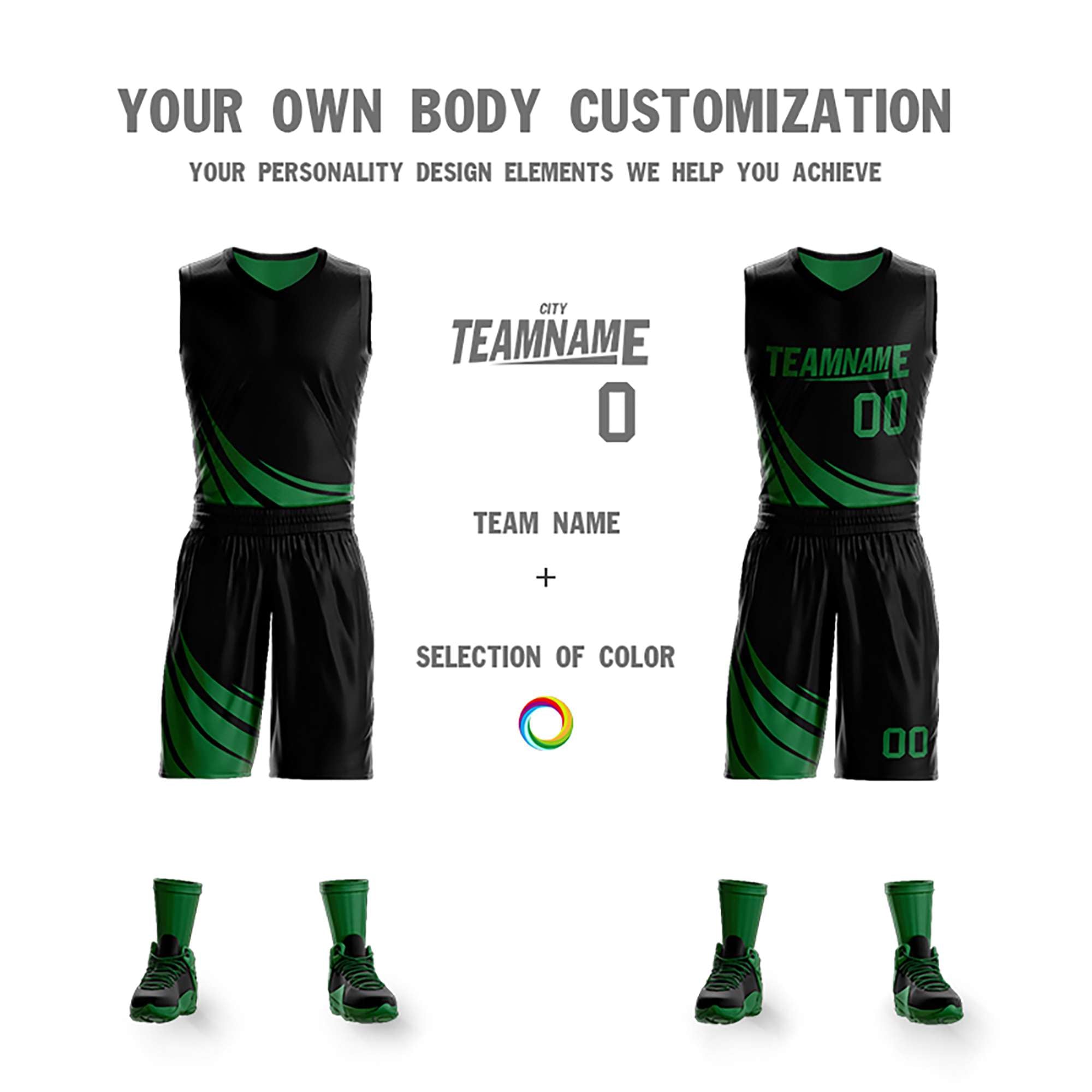 Benutzerdefinierte schwarz-grüne Doppelseiten-Sets Design Sportswear Basketball Jersey