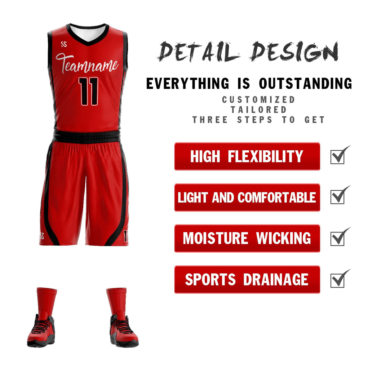 Custom Red White Double Side Kits Design Sportswear Basketball Jersey