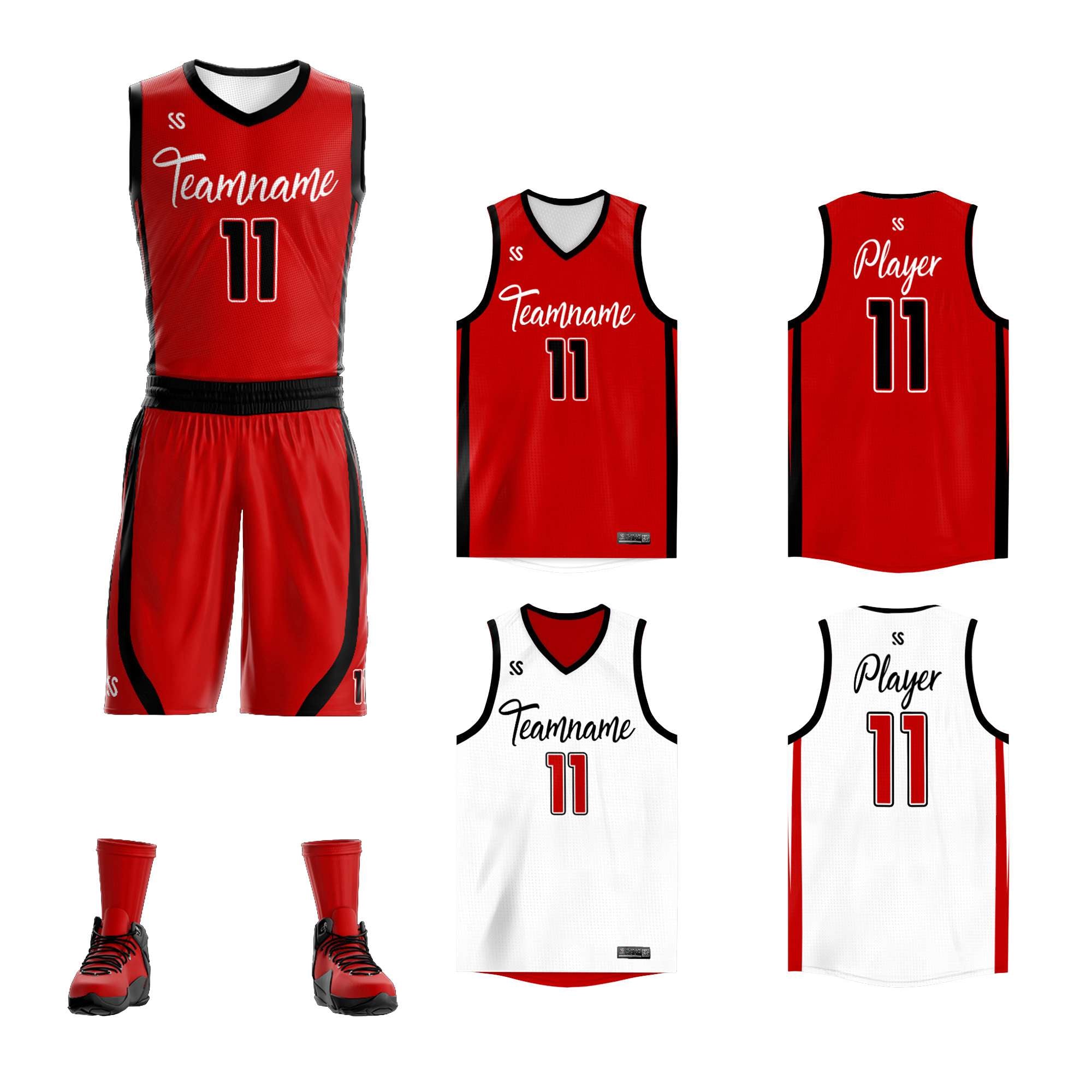 Maillot de basket-ball personnalisé rouge et blanc à double face