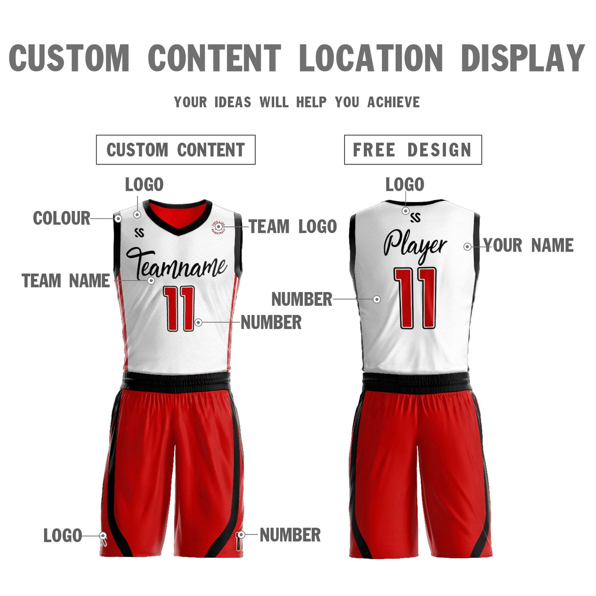 Custom White Red Double Side Kits Design Sportswear Basketball Jersey