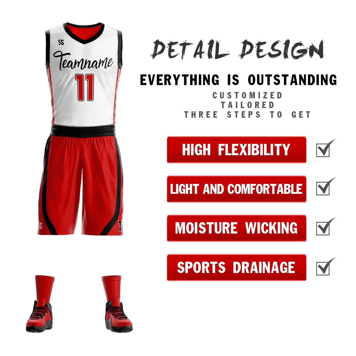 Custom White Red Double Side Kits Design Sportswear Basketball Jersey